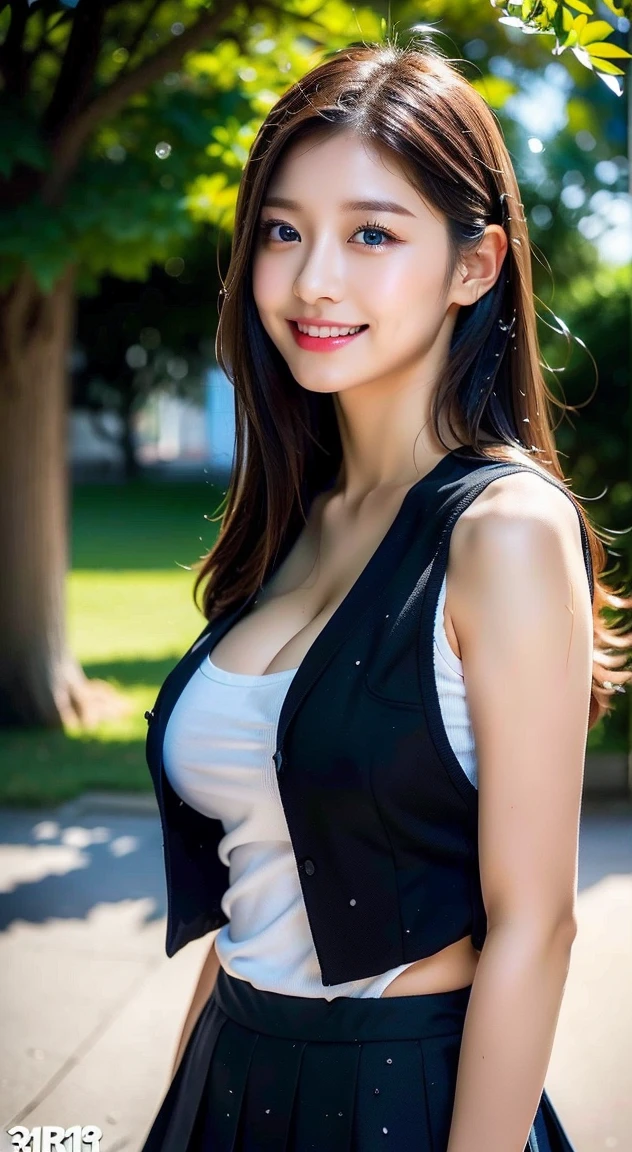 (((Best Quality, 8k, Masterpiece))), Crisp Focus, (Beautiful Woman with Perfect Body Shape), (Hairstyle: Up)), ((Suit: Black)), Night Road: 1.2, Highly detailed face and skin texture, detailed eyes, double eyelids, (smile), Japan person, upper body, breast chiller, beautiful breasts