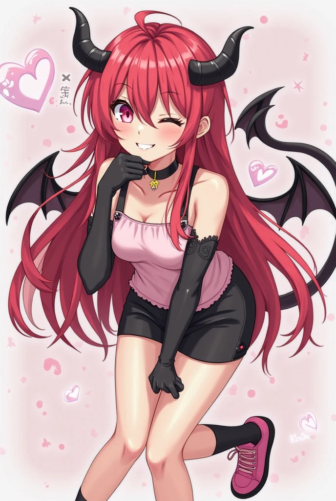 (masterpiece,best quality,ultra-detailed), an anime girl who is a mischievous and sweet succubus. She has candy pink m-shaped bangs short hair with twin ponytails, ruby round eyes, fruit bat ears and wings, wearing a gothic bodysuit costume, ankle straps, feet, standing and leaning mischievously to the right, hands in a mischievous pose, smirk mischievously, looking at viewer