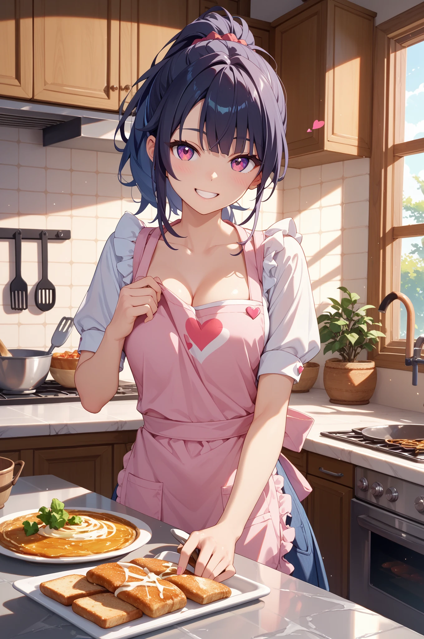(anime artwork, anime style, studio anime, very detailed, up to date, vibrant, Anime Coloring, high contrast, masterpiece:1.2, best quality, best aesthetics),2 girl, Medium chest, A glimpse of thighs,random hair, One eye is hidden by the bangs, perfect proportions, high detail skin, Cute, detailed faces,kitchen, precise fingers,cooking,apron on naked body,light smile 