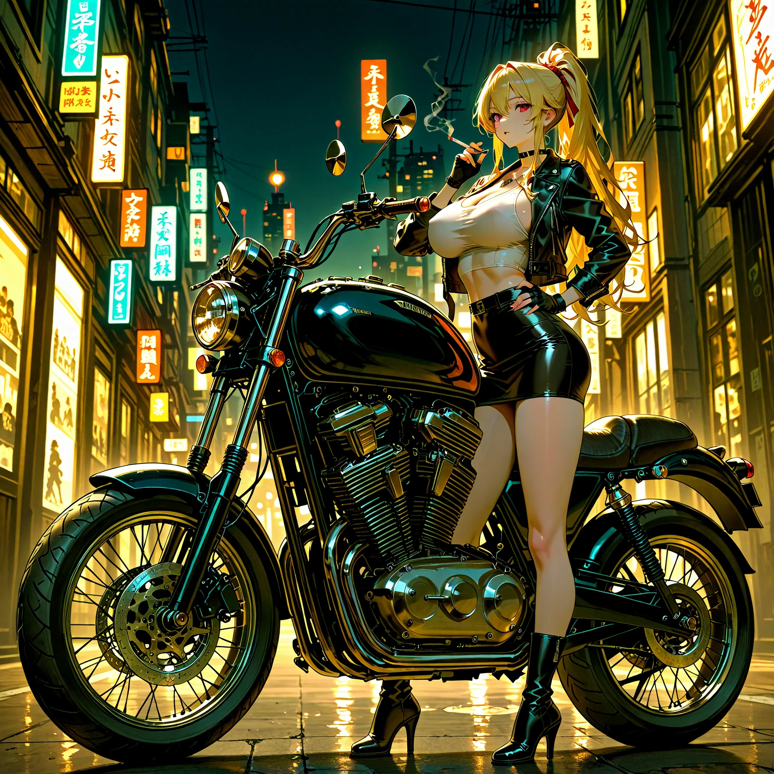 ((best quality)), ((masterpiece)), (detailed), 1girl, 8k_wallpaper, extremely detailed eyes, extremely detailed body, (large masterpiece digital art), ((perfect ??????? huge chest)), (intricate details:1.3 ), (ultra-detailed:1.3), (sharp focus:1.3), (natural lighting:1.05), (best quality:1.4), high quality, expressive eyes, full body, tall girl, detailed face, beautiful face, perfect face, detailed ((blonde hair)), (gold eyes), ({dark skinned female}), gigantic breasts, thick thighs, strong arm and leg muscles, strong abdominal muscles, {{the whole body is covered with yakuza tattoos}}, ((yakuza tattoo model Yerin)), Korean women, wearing a modern short black cloth jacket with rolled up sleeves, (wearing heavy gold colored steel armor), a wide red leather belt with blue steel yarn, steel boots, steel thigh guards, a walkie-talkie attached to his belt, a hiking backpack on his back, riding a motorcycle through Seoul at night, cyberpunk,
