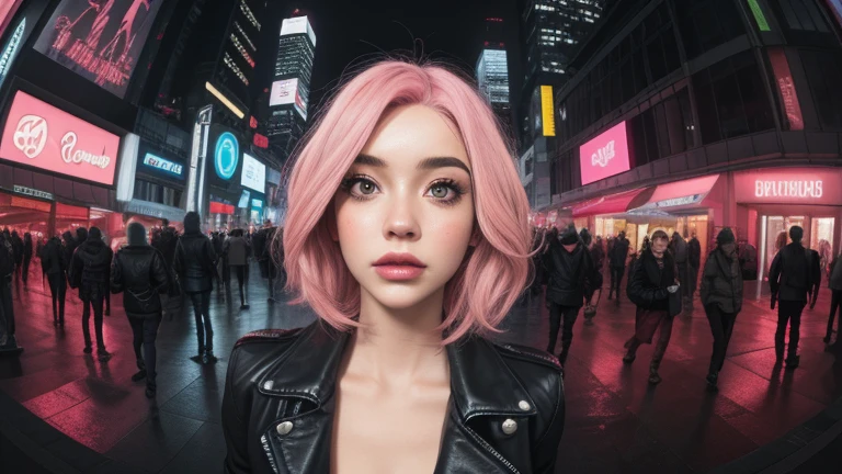 23yo woman, brown eyes, pink hair, bob haircut, regular photo, 8k, night photo, lights, on the street, selfie, big tits, black dress, woman is far from the camera