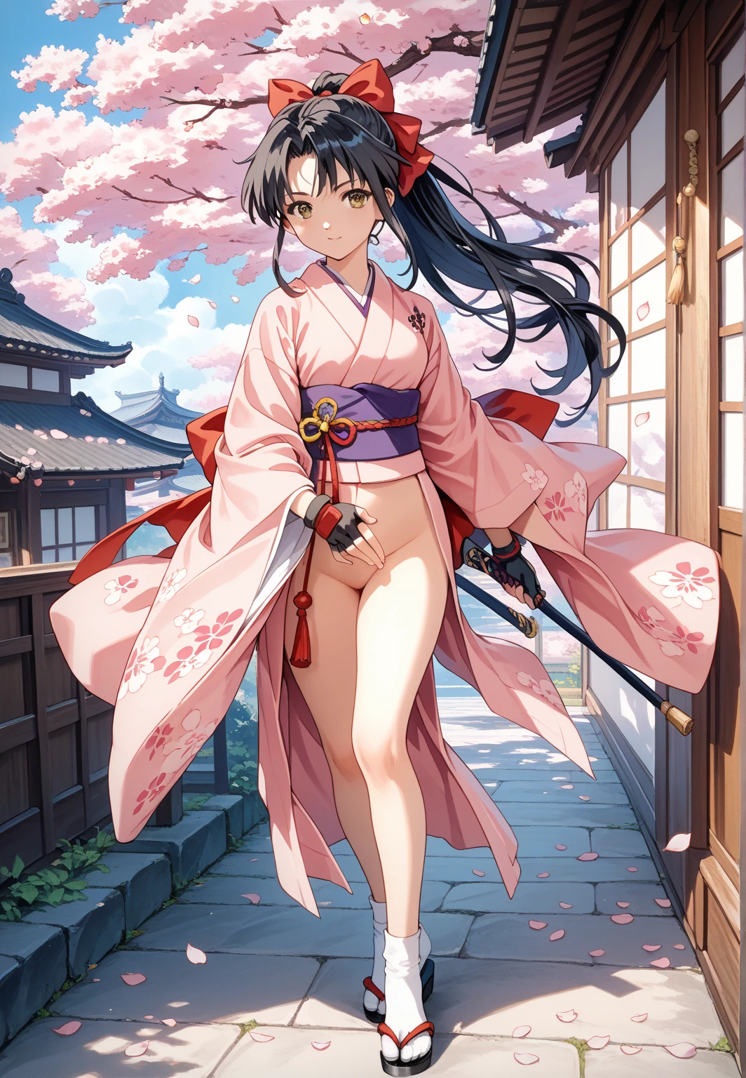 {{{masterpiece}}}, {{{best quality}}}, {{ultra-detailed}}, {illustration}, {{an extremely delicate and beautiful}},(Edo townscape),1girl, cute girl, solo, japanese clothes, short hair, weapon,( sword:1.2), brown eyes, looking at viewer, kimono,(Clothes come off:1.5), brown hair, lips, hand on hip,( sheath:1.2),( katana:1.3), black hair, full body, closed mouth, sheathed, hand up,(upskart:1.5),(white panties:1.2)