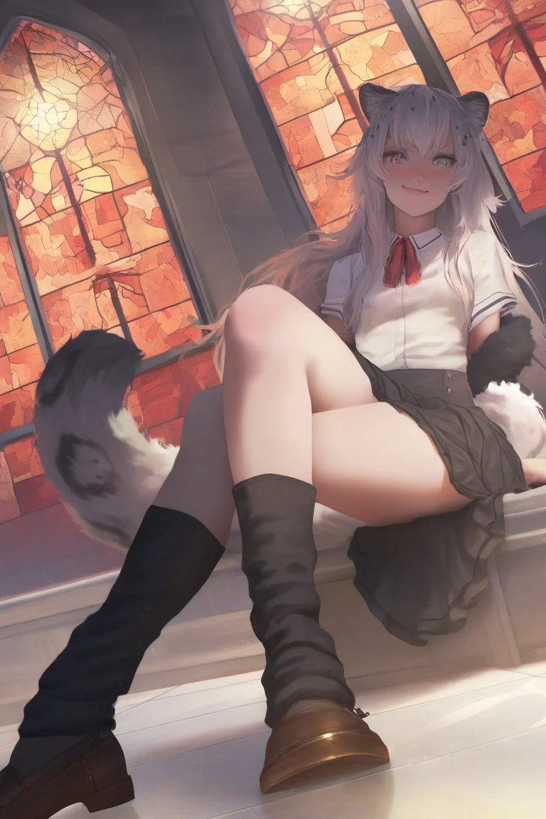 highest quality、masterpiece、1 girl、blush、(smile:1.5)、((fun))、cute、(silver hair)、dog ears、high school girl、((classroom:1.5))、()、sit on the ground with your knees up、Kamimei、look at me、(No panties:1.3)、((shaved pussy:1.5)), ((red bow tie, , black jacket, open jacket, white cardigan, white shirt, black skirt, plaid skirt、black socks))、 (No panties:1.3)、((shaved pussy:1.5))、(highly detailed closed labia:1.5)、light blue eyes、long hair
