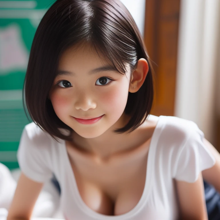 masterpiece, highest quality, 8k, Young and beautiful girl, Baby Face、((Big Breasts:1.3)), photo shoot, Cute Face, Thick thighs, Classroom after school,  Embarrassing、smile、No makeup, 10 generations, Detailed face, Background blur、((((((15 years old))))))、Tight waist、Cute Bra、Cute panties in random colors, Knee socks, On all fours, Plump thighs, 