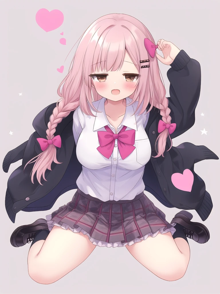 Legs spread, shoulders exposed, side boob, side boob, large breasts,High Resolution 1girl Ahoge Bobby_pin bow bowtie braid brOwn_目s collared_shirt dojikko_Temporarily stop_shirt frilled_shirt_Color Free Joint_skirt frills hair_bow hair_ornament hairpin hand_in addition_Own_head, heart, heart_hair_Decorative hood_jacket jacket lin additiong_Pentagon Pink_hair plaid plaid_Ribbon Check_Pleated skirt_skirt shirt shoelaces shoes simple_background sitting skirt solo star_(symbol) twin_Braided Warisa White_Background white_Knee socks, whole body