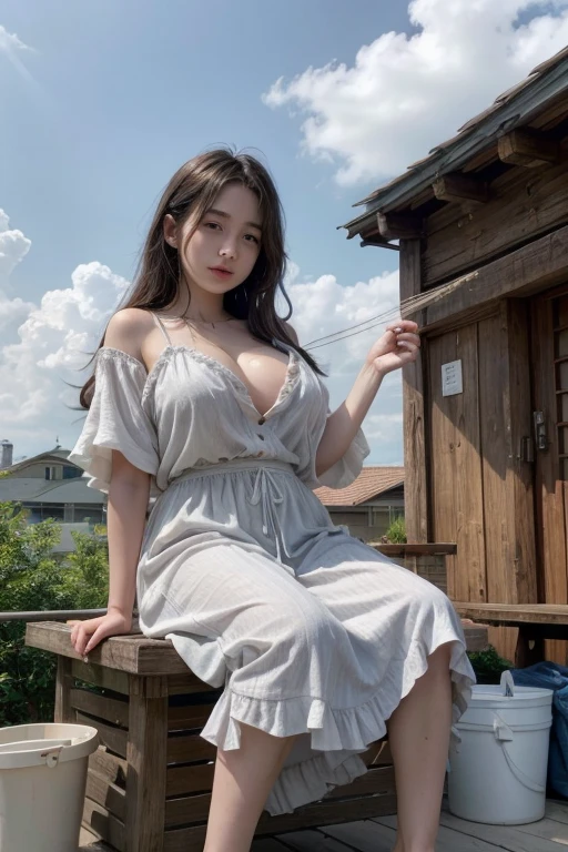 ((best quality)),((masterpiece)),((ultra high res)), (intricate details), (soft lighting), cinematic, dramatic, composition, sunny sky, brutalist, hyper realistic, epic scale, sense of awe, insane level of details, upper body, masterpiece, best quality,(photorealistic:1.4), highres, bob hair, jewelry hairpin, Natural(small breasts:0.8), riverside and rock or temple or bridge, (loose:1.5)clothing, (loose:1.5)hanfu, (see-through), ((Bare shoulders)), (cleavage, sexy), (nsfw:1.25)