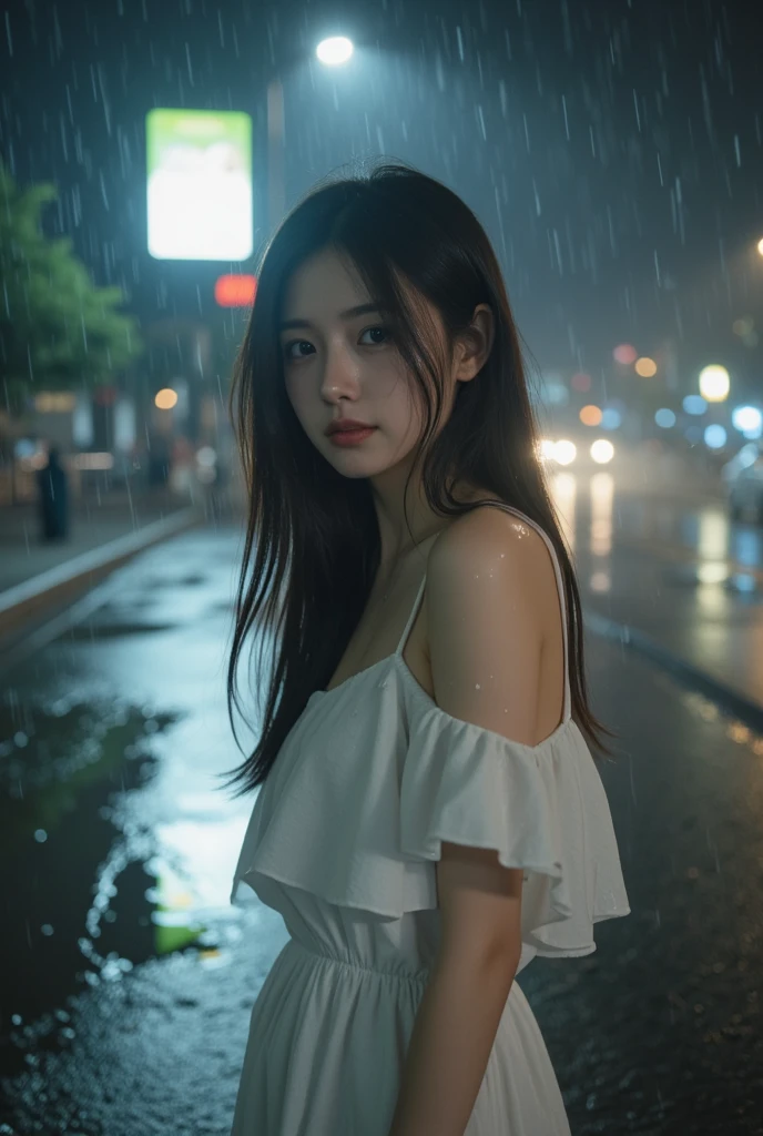 Cowboy Shot、((heavy rain))、((outside))、(((city)))、(((night)))、(((Behind a dark building)))、((((Drenched wet hair and body))))、Wearing a white dress、Hair of different lengths、different style hair、alone,Ephemeral,compelling glances,Hyperrealism, High quality 8K backgrounds, (((weak)))、((Delicate painting)),(Detailed RAW photos of girls), (Highest quality:1.6), (Ultra-high resolution:1.5), (Realistic:1.75), 8K resolution, Canon EOS R5, 50mm, Absurd, Very detailed,Cinema Lighting、