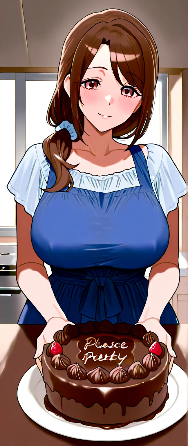 Beautiful house wife, Tan skin, wearing Apron, horny smile, has fatty upper pubic area.