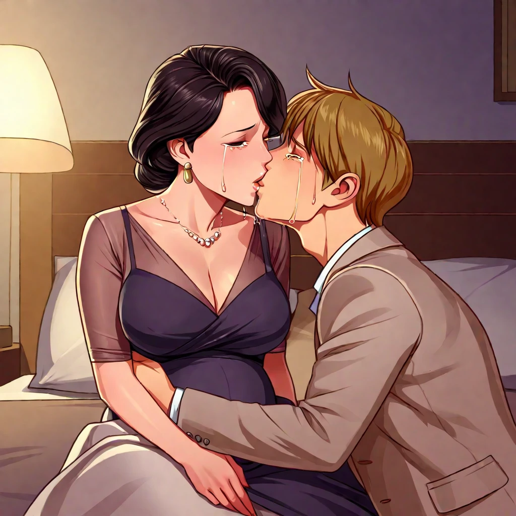 score_9, score_8_up, score_7_up, source_anime, 1boy, 1girl, mature female,(mother wedding dress)(son weddin suit) mother and son, kid, sitting side by side, kiss, on a sofa ((lifting mothers dress))