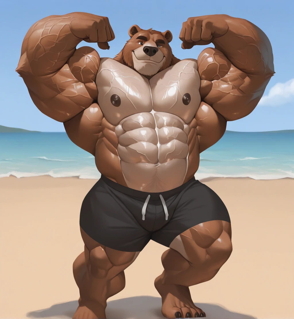 solo, 2boys, beach, size different, extremely huge muscular, massive muscular, grizzly bear, full-body, well-muscled, being shirtless in a black swim trunk shorts and black wristbands in beach. Exercising, working out. Pull-ups. Super strong. Super strength. ((extremely muscle size, super thick arms, huge back, thick brown fur, extremely wide back and shoulder, powerful strength, huge arms)). and add details to make it attractive and interesting. Add textures and details to make the image more realistic, such as the appearance of the body-built texture and the appearance of the fur. Make sure the resulting image is high resolution, 8K quality.", simple background, masterpiece, high detailed, 8k, high resolution