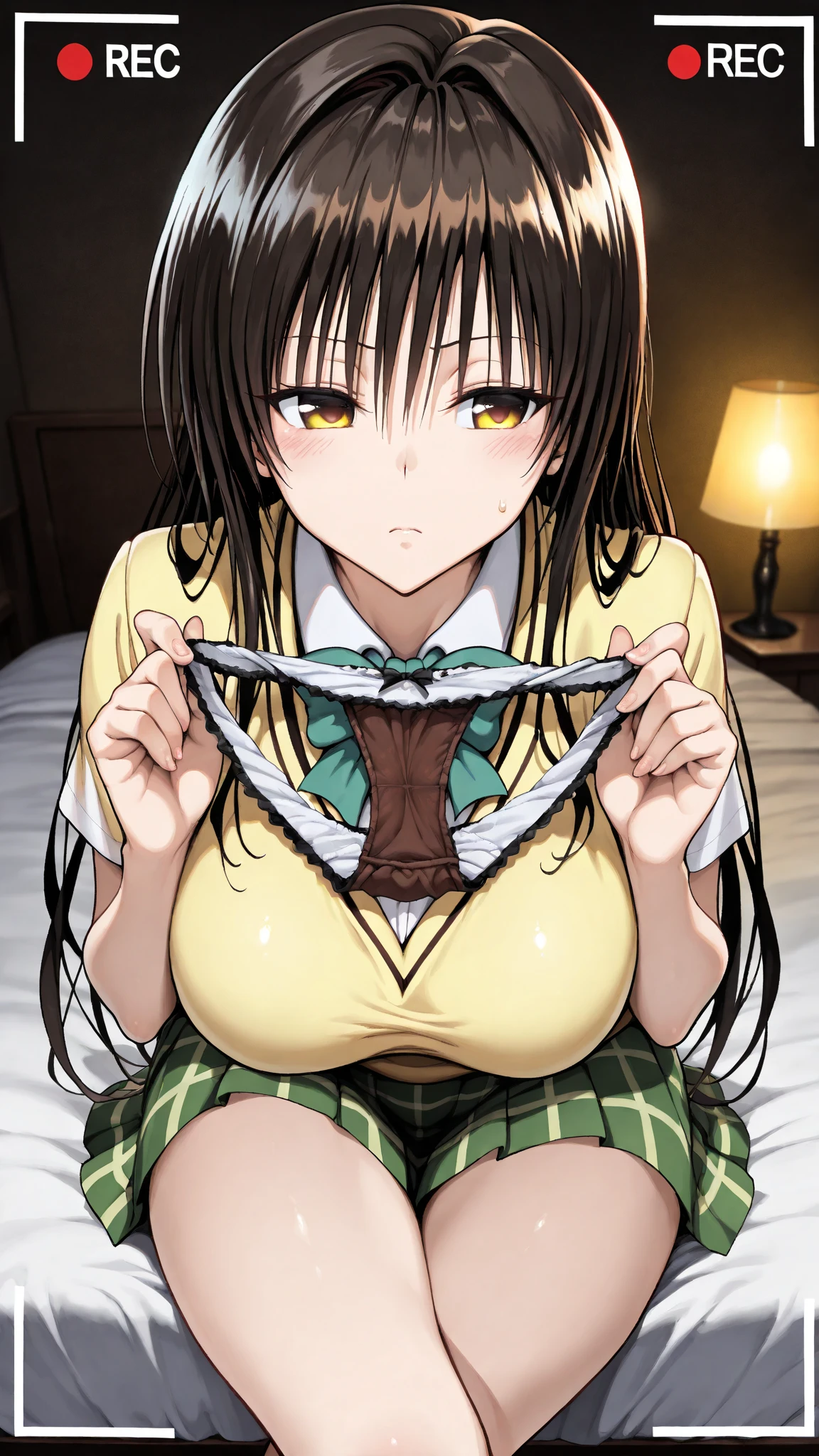 (Masterpiece:1.2, high quality), (pixiv:1.4), (1girl:1.2), (solo:1.2), (embarrassed), (Kamado nezuko), bamboo, bit gag, bangs, wavy hair, pink ribbon, crystal pink eyes, (detailed eyes), black eyeshadow, (blush:1.2), school uniform, brown skirt, sexy attire, (beautiful round breasts:1.2), collarbone, exposed cleavage, seductive look, lying on bed, lying on back, beautiful thighs, slim waist, waistline, lifted skirt, detailed pubic area, dynamic pose, intrinsic details, ultra-detailed, blurry background, highly focused face, high resolution, (detailed face), vivid colors, (top view), aesthetic indoors, professional photography, artistic details