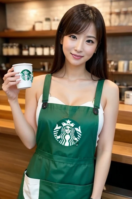 (best quality,highres), A beauty in a Starbucks uniform makes coffee, Big breast、just wearing naked apron、full body, naughty seductive pose, vivid colors,portrait,detailed eyes and face,dark hair,beautiful lips,expressive eyes,natural lighting,smoky eye makeup,curly hair,starbucks branding,coffee machine,morning scene,hot steaming coffee cup,caffeine boost,warm atmosphere,barista style,polished nails,professional lighting,playful expression,intense gaze,aroma of freshly brewed coffee,caffeine addiction,barista skills,aromatic coffee beans,sexy smirk,confident posture,enticing aura