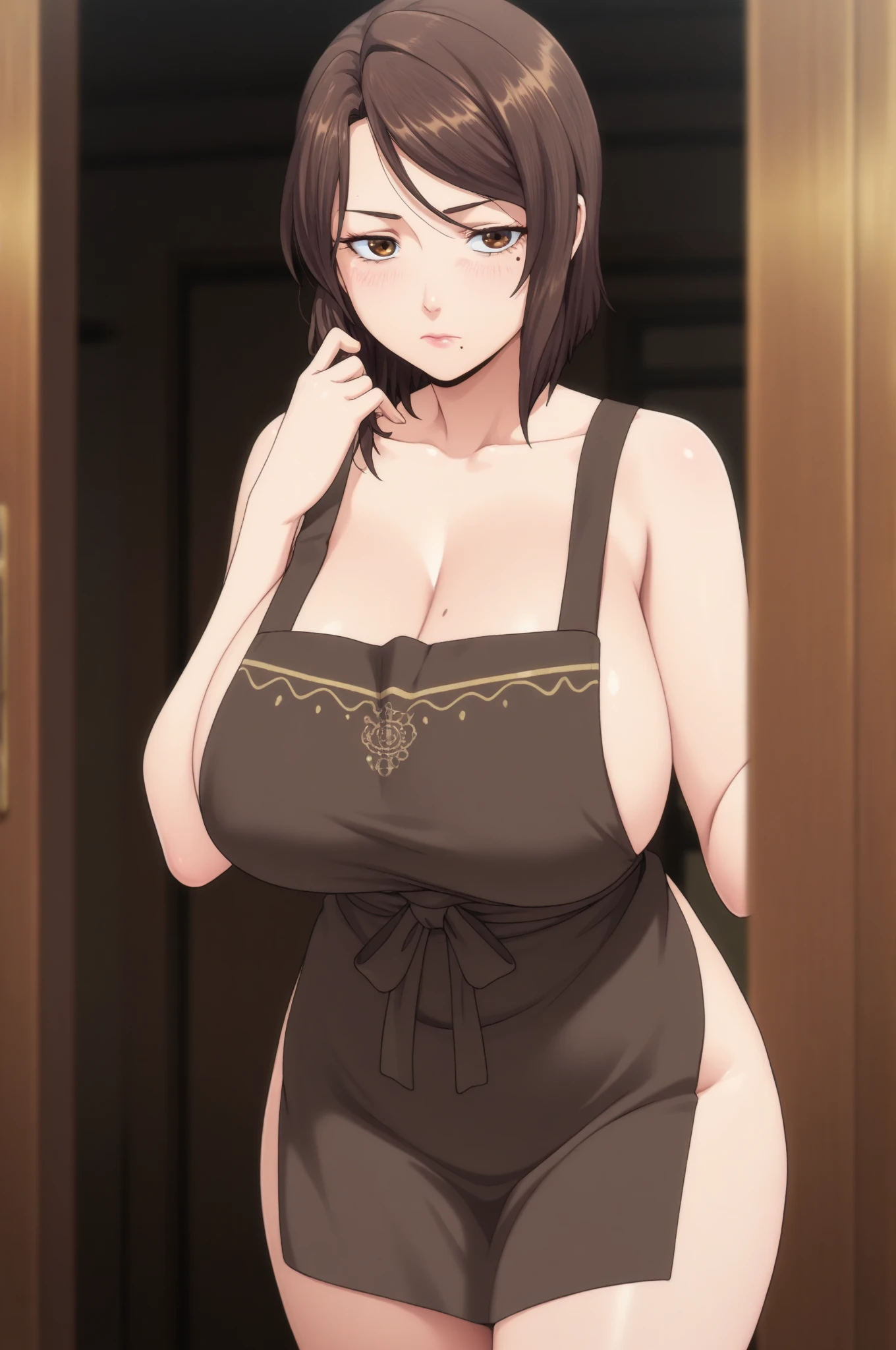tall body, tall, long legs, mature female, mature, adult, Zombie apocalyspe background,eft_hotd_orange, 1girl, solo, orange hair, brown eyes,antenna hair, Big breasts, enormous large breasts, ponytail, long hair, big cleavage, ((loose tank top with cleavage)), (Tight yoga pants),Plump, Half eyes expression, Hoopa earring, ((silver chain tag necklace)), ((big Hoopa bracelet)), Long nail, eyeshadow,Sweat, (earPierce), Thick lips,Rei miyamoto,Perfect face,detailed face,eyes on viewer,Golden ring,Standing,,Gloss lips,Horny,Half eyes open,Soft expression,Wide hips,big Cross Earring,Soft expression,Confidence,Flirty,Curvy figure,Many gold rings,gold rings,spouty lips expression,Black girl,Tatto, topknot long ponytail hair,Solo,Tanned skin,Wide hips,Swaying hips,Standing pose,Oversize breast,Lipstic,Professional make up,Eyeshadow,Tight tights,Detailed face,untidy apartment room,Detailed hand,fullbody,High quality pitcure,day