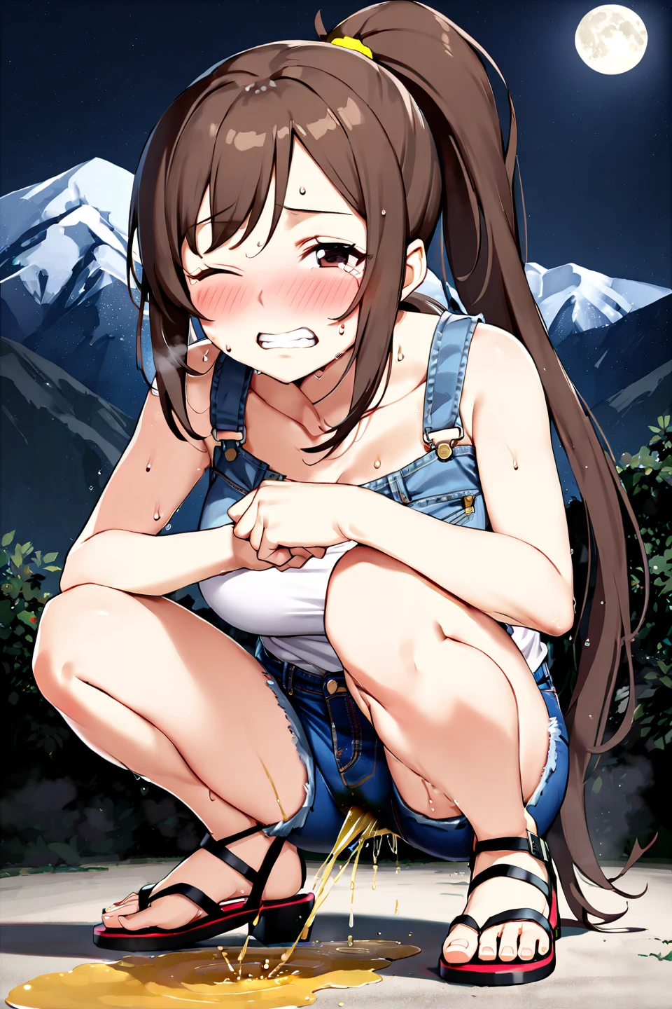 nsfw,(super fine illustration,8K CG wallpaper,best quality,extremely detailed,ultra high res,best aesthetic),(cowboy shot,from front), 1 girl, idol master,(iori minase),14yo,(brown hair), (medium long hair),(forehead:1.1),((pink eyes)),shiny hair, shining eyes, delicate line tail face, sitting, spread your legs, leaning forward, open your mouth, (glin),(smile:1.5),(one eye closed:1.5),(petit),(ahegao:1.5),((stick out tongue:1.3)),(sit on beach mat), Completely naked:1.5), (very small breasts), (glowing skin:1.3), (Sweat:1.4), (pubic brown hair:1.4), (open vagina:1.3), (peace sign:1.5),(bukkake:1.5),(cum on Face:1.5),(cum on hair:1.5),(cum on armpit:1.3), (siting), (squatting),(vaginal penis:1.2), testicle, (a man:1.2), hetero, (lady sit astride on man:1.3), (sex,lady on top,pov), (intense Sex:1.6), (Midsummer, deserted island, beach, outdoor),(look at camera),