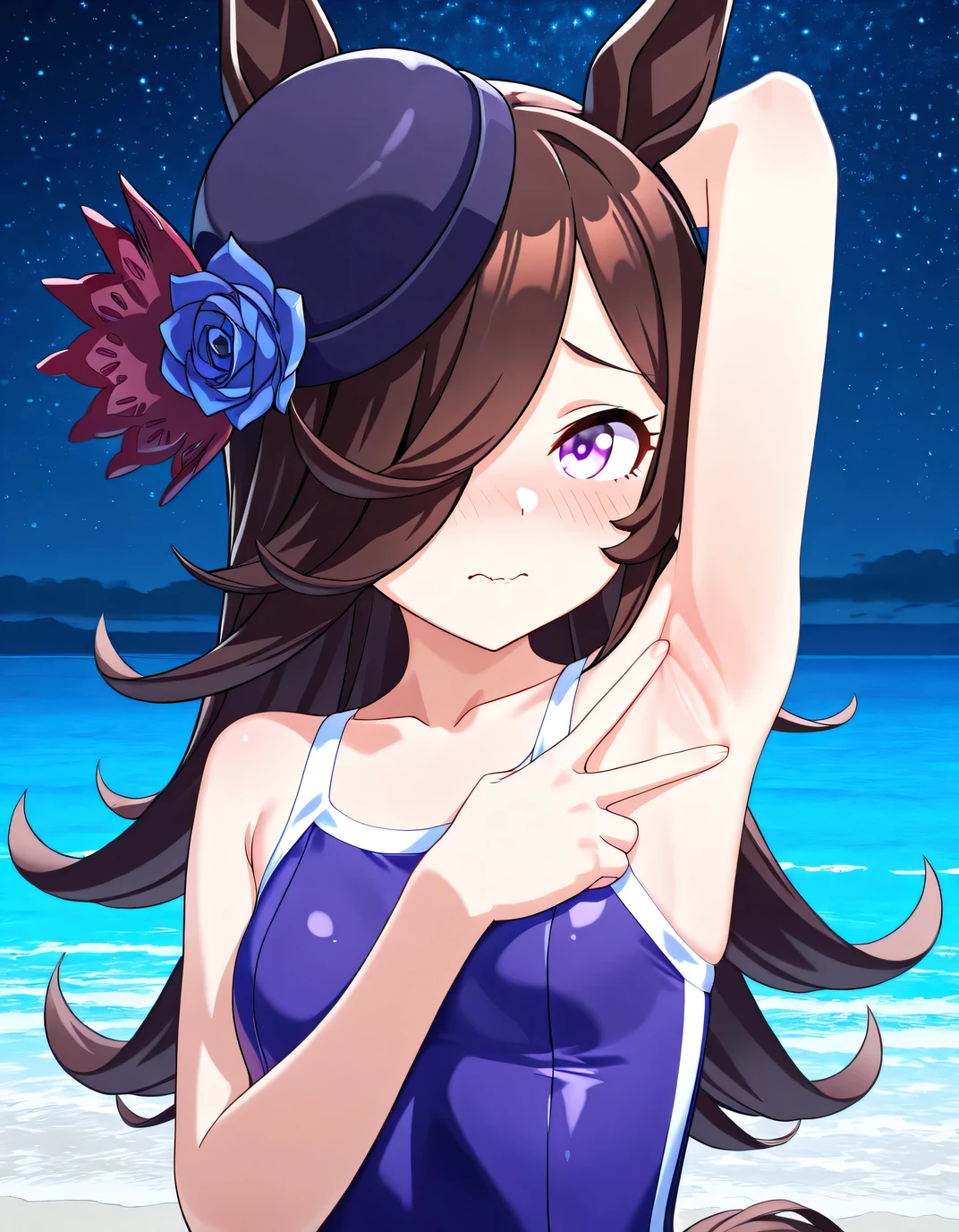 ddrice, animal ears, horse tail, purple eyes, brown hair, hair over one eye, blue headwear, hat flower, tilted headwear, tracen swimsuit, competition school swimsuit, single vertical stripe, 3d, high quality, solo, upper body, (contrapposto), <lora:spread-armpit-illustriousxl-lora-nochekaiser:1>, spread armpit, armpits, armpit focus, v, closed mouth, night sky, beach, looking at viewer, wavy mouth, shy, best quality