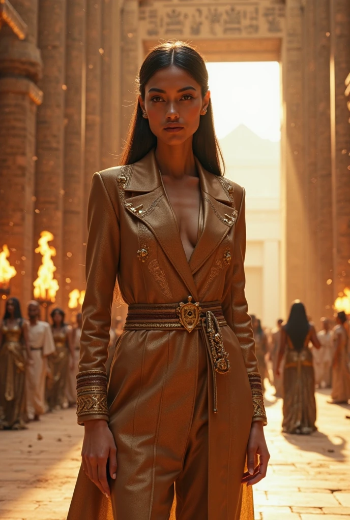 Fashion model, Jennifer Lawrence simply wears a short golden Egyptian transparent bathrobe, as she steps through the Egyptian temple corridor towards the exit.