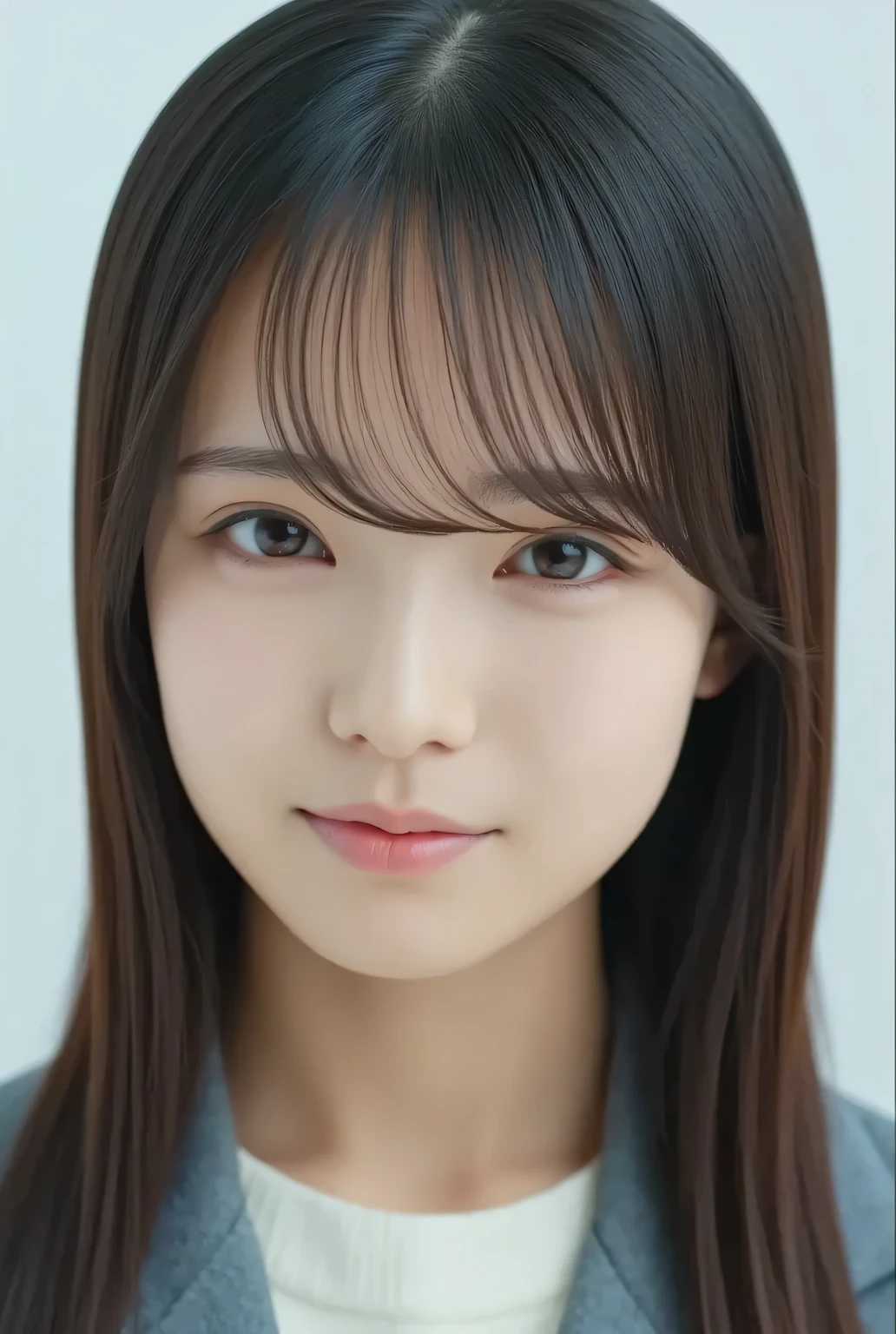 Raw photo, reality, ((bangs, dark brown semi-long hair)), ((focus on face)), ((close-up)), front, Japanese woman, angry expression, ((dark brown short bob, light wavy hair)), ((off-shoulder outfit)), unedited, live-action, authentic, cute young girl, beautiful reflective eyes, beautifully detailed lips, very delicate eyes and face, long eyelashes, faint smile, simple white background, natural light, ((gently closing her eyes and following the kiss)), ((kissing face: 1.7))