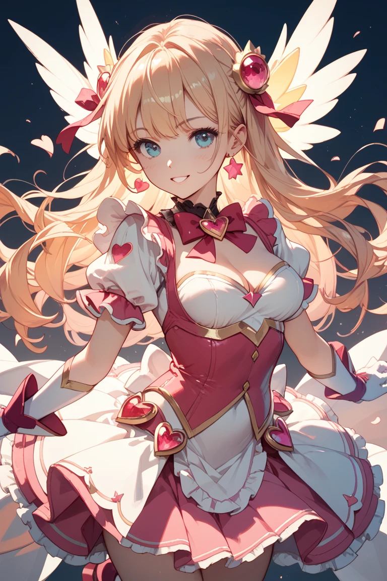 20 years old,1 girl,hyperrealistic, 8k, (extremely detailed 8k), (very delicate and beautiful), (masterpiece), (better quality:1.0), (ultra high resolution:1.0), (masterpiece, best quality), cute,blonde,cleavage cutout,(broen dress:1.3),(crop top navel:1),gleaming skin,twintails,twin bun,a red ribbon on the head,long hair,light green frill Chinese-made dress,white long gloves,delighted,pink border,hold a bouquet of flowers,from the front,a bunch of flowers,POV,bust shot