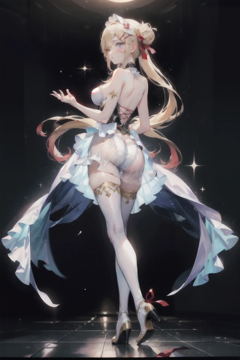  ((best quality)), ((masterpiece)), (detailed), 1girl, NSFW, small breasts, prominent collarbones, skinny arms, flat stomach, visible hip bones, long hair, (various hair colours red, white, blonde, dark), ponytail, thick ponytail, heavy ponytail, red and white clothing, Bloodborne inspired, occult aesthetic, occult, detailed and intricate steampunk and detailed gothic, NSFW Fluttering lace frilly petticoats, pleated petticoats 