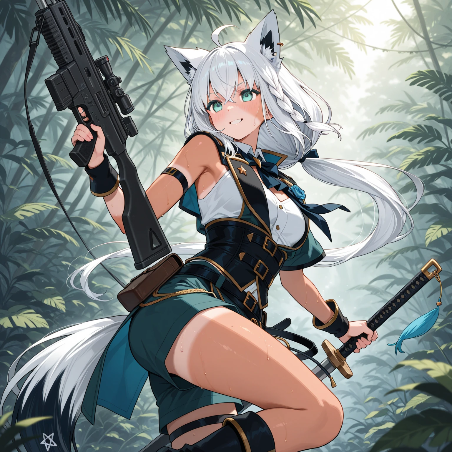 ((Masterpiece)), (Best Quality), Solo, miosha1, hair ornament, ponytail, wolf tail, swimsuit, white shorts, thigh strap, black jacket, leaf print, collar, string bikini, (NSFW:1.2)