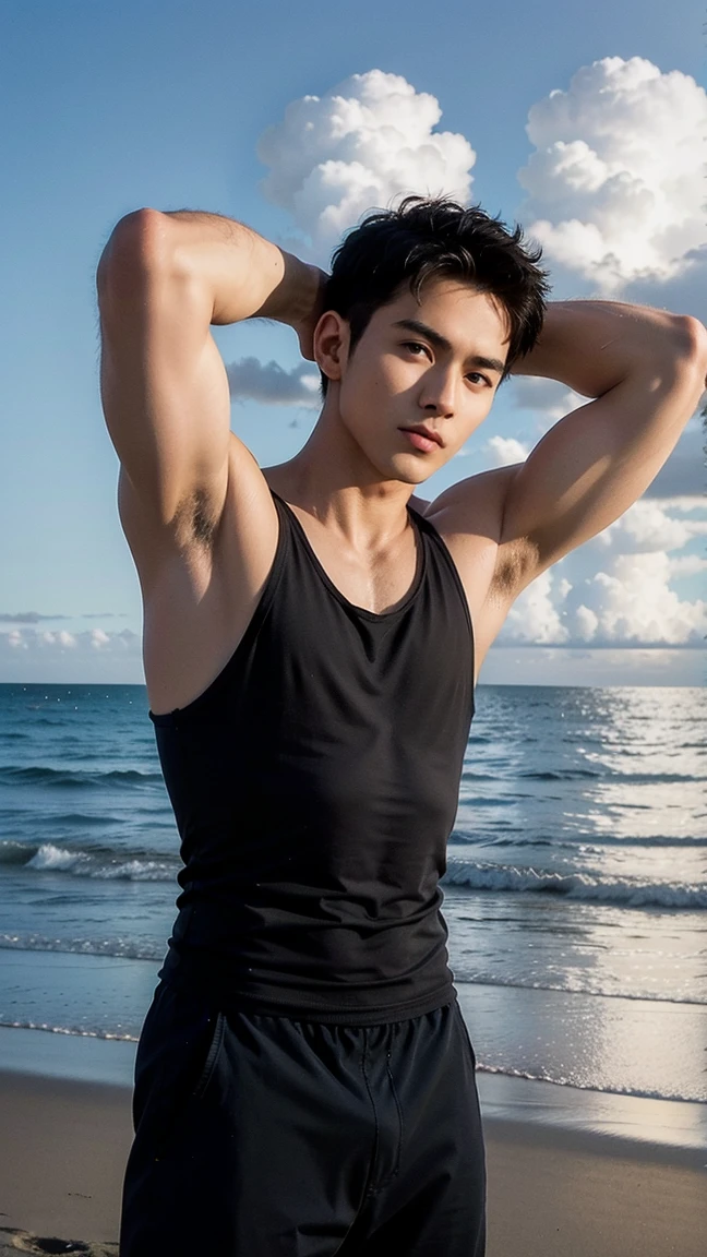 A handsome 20-year-old Chinese male model，Toned body，Sharply defined，Be well-exercised，Protruding muscle striae，Full muscles，lifted arms, shaved armpits, Healthy complexion，Confident posture，On the beach，full bodyesbian，gentlesoftlighting，tmasterpiece，best qualtiy，8K  UHD，digital DSLR camera，filmgrain，Fujifilm XT3 Realistic painting art，Written by Midjourney and Greg Rutkowski