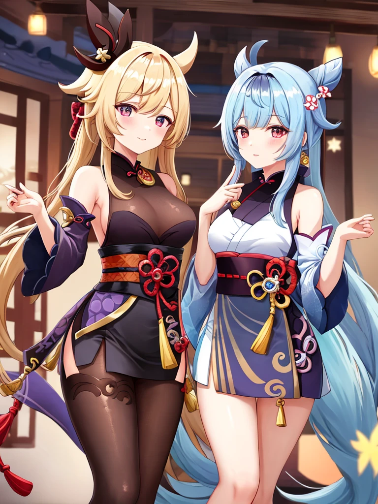 Masterpiece、Highest quality、Super detailed、1 girl、Blonde、Twin tails、Fluffy and soft long hair、Big Tits、Cleavage、Chinese Fantasy Palace、String Panties、Chinese clothing、A chest that looks like it is about to burst、smile、Aquamarine Eyes、No bra