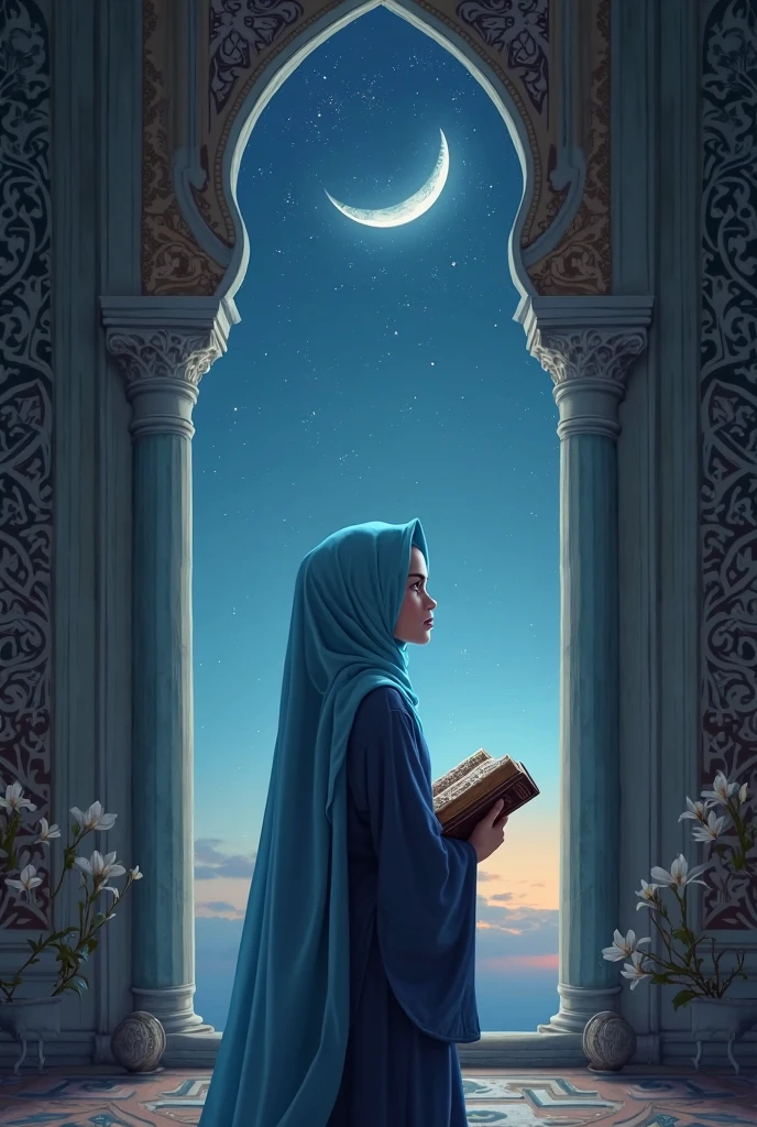 A girl with blue hijab and abaya with a book in her hand standing in ...