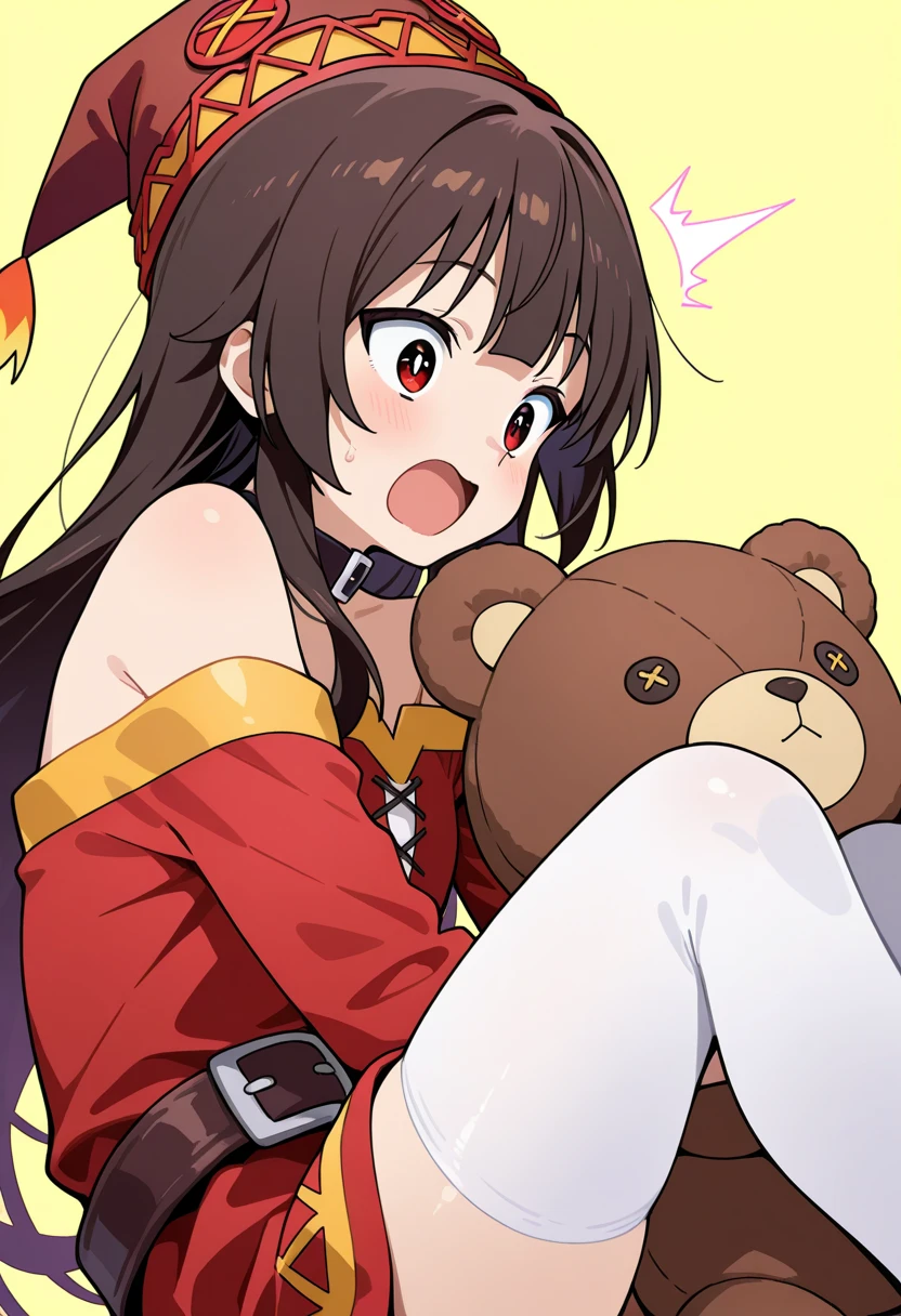 best quality, 1girl, long brown hair, looking at viewer, happy, hug teddy bear, dynamic, red shirt, black thick shorts, orange yellow eyes, sexy, naked
