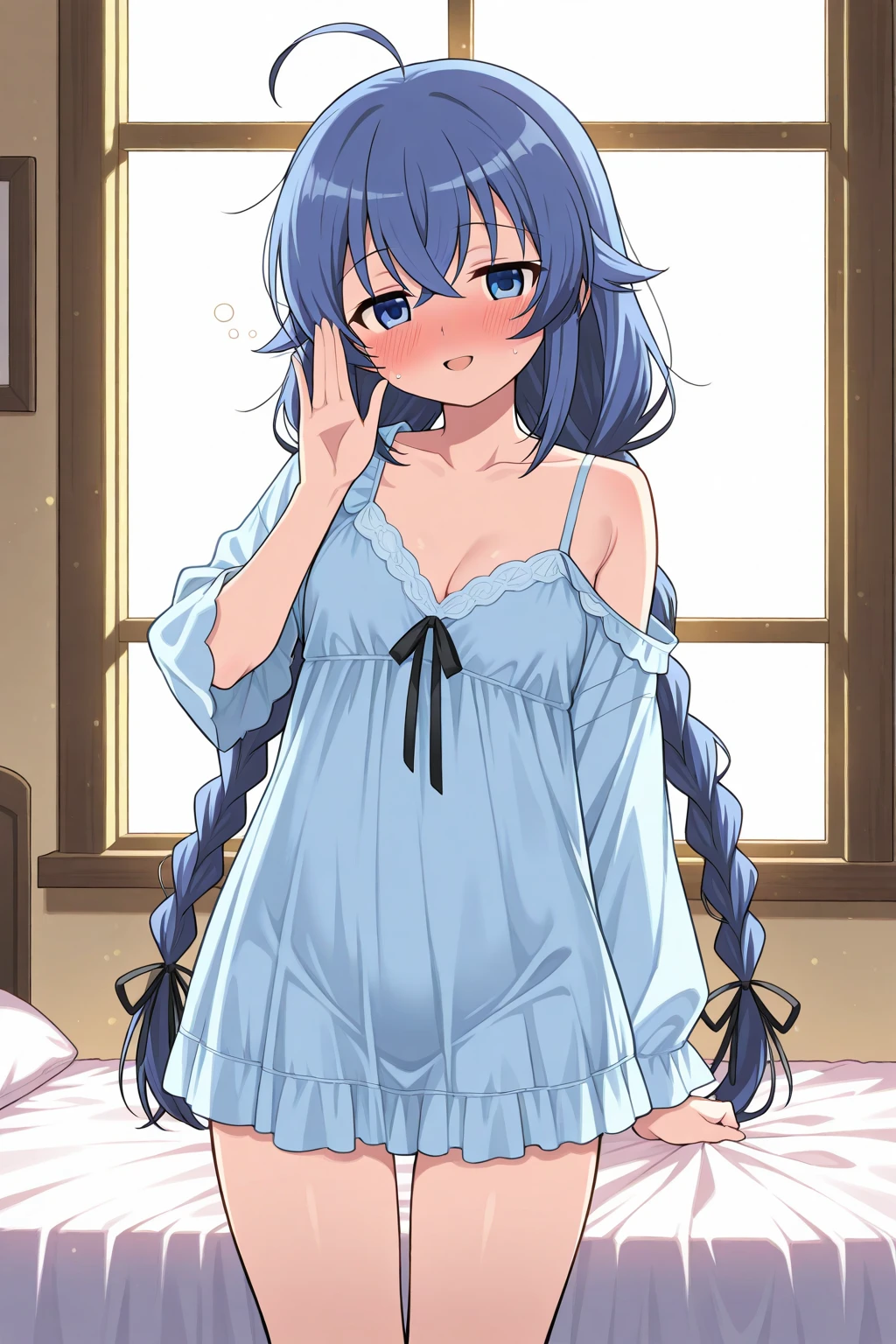 small breasted girl, short, elementary school student, blue hair, single braid, blue eyes, round eyes, shy, shy, , short, young face, short height, , glasses with no edges,bed,，bed,Satin Camisole Set ，(bottomless:1.4)，flat chest，pussy are visible
