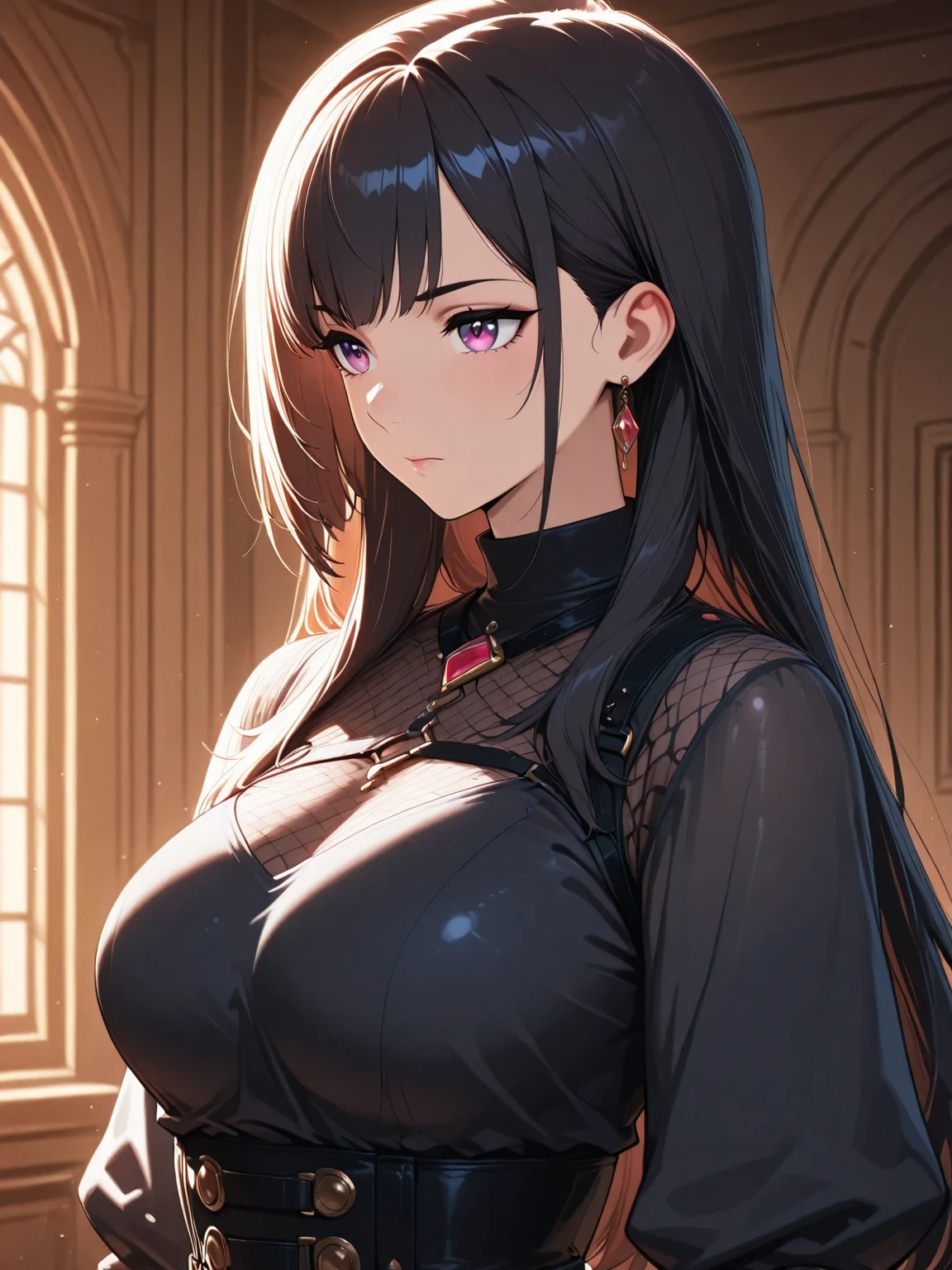 (Focus sharp:1.2), 1个Giant Breast Girl, dressed in (little black clothes:1.2) in a (festivity:1.2), (moody light:1.2), depth of fields, bokeh, 4K, HighDynamicRange. elapse (An Alphonse Mucha's:1.1).