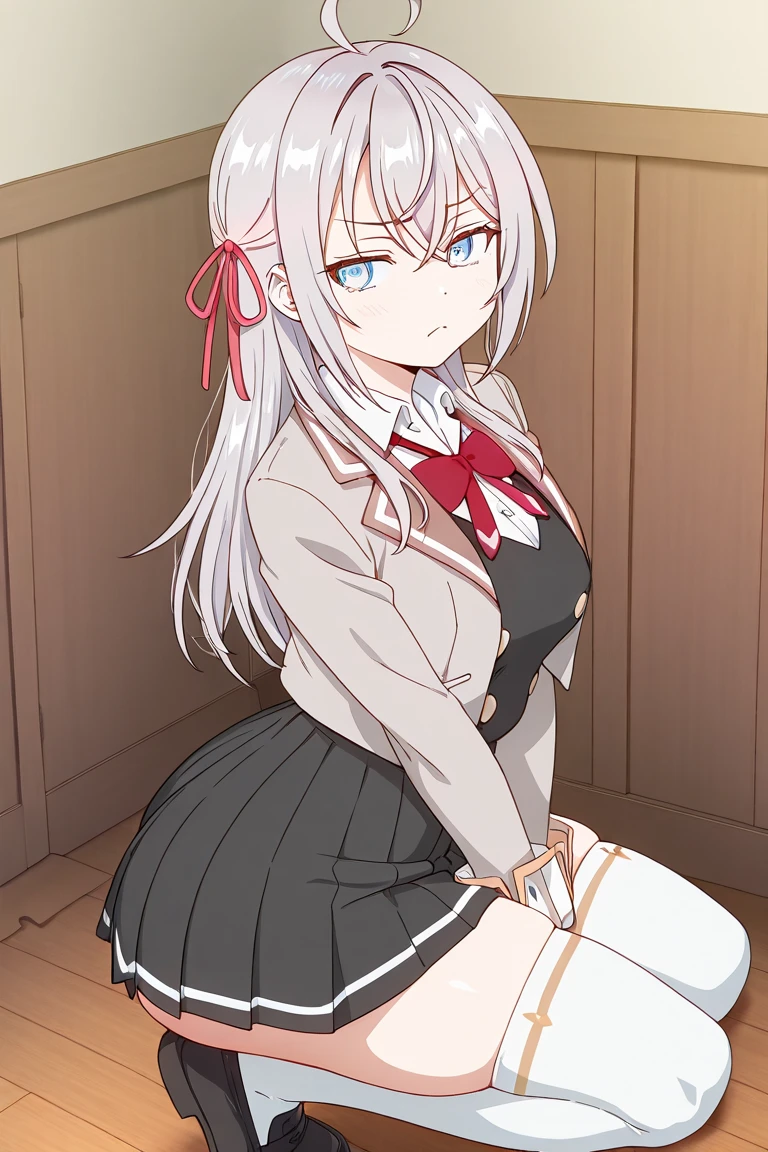 anime art style, 2d, masterpiece, best quality, very aesthetic, absurdres, dynamic shadows, atmosferic, alisa_mikhailovna, (1girl), (grey hair), long hair, blue eyes, detailed eyes, ahoge, hair between eyes, bangs, medium breasts, curvy body, makeup, ((intense blush)), cleavage, collarbone, grey jacket, open clothes, white bra, white panties, red bowtie, loose bowtie, red hair ribbon, white thighhighs, black skirt, skirt lift, (sexy smile), (cowboy shot), lying, looking at viewer, on bed