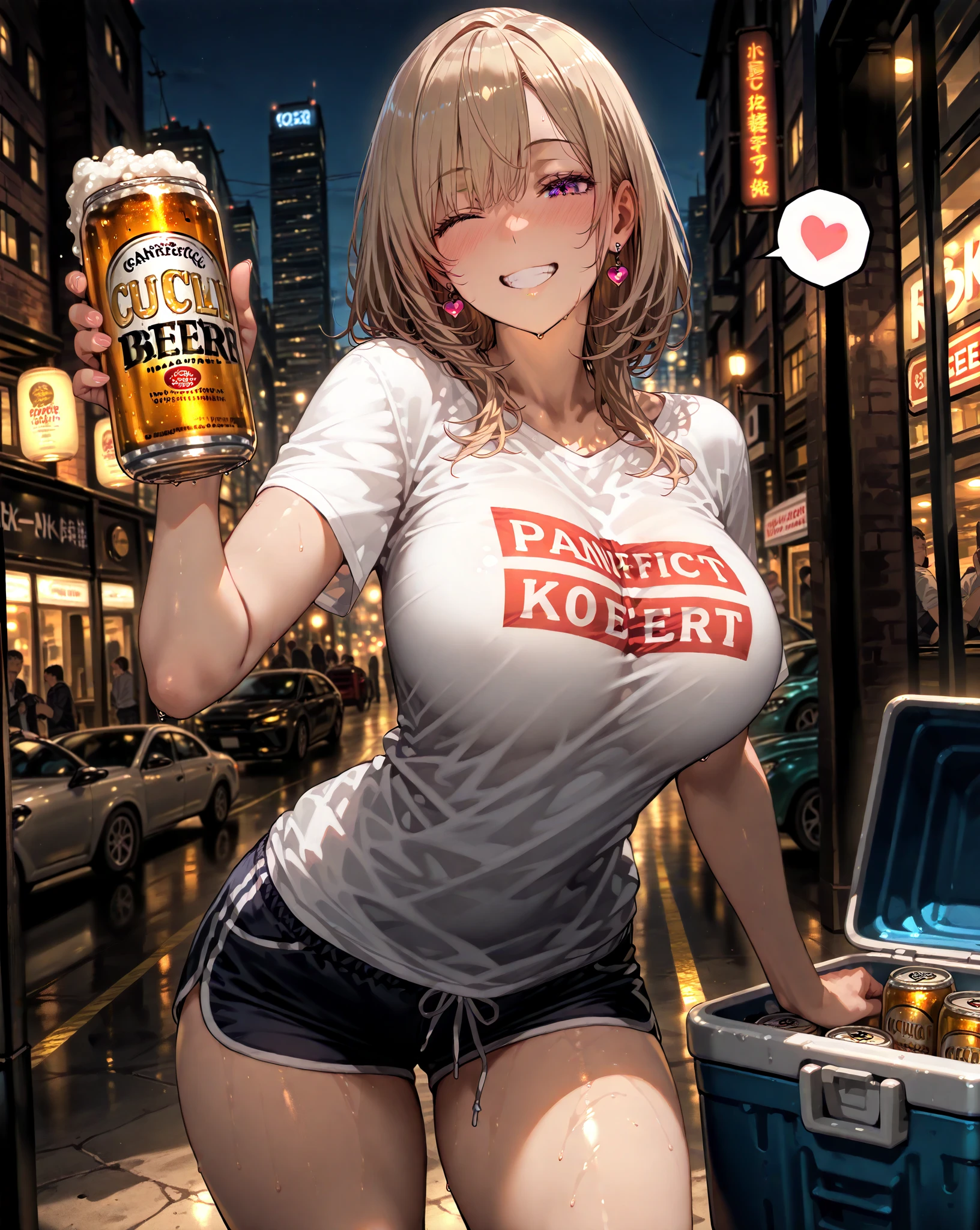 hiten kei style, claude monet, oil painting, night, denim pants, ((topless)), nsfw, masterpiece, street lamp, city, 1 girl, erect nipples, intricately detailed, navel, bare shoulders, brown hair, necklace, extremely detailed, bare breasts, puffy nipples, yellow eyes, bare stomach, wet, wet body, medium breasts, arm strap, teen, soft eyes, armpit, open mouth, half open eyes, lusty eyes, blushing, head tilt, side bangs, huge nipples, bracelet, neon lights, belt, holding beer bottle, legs, standing
