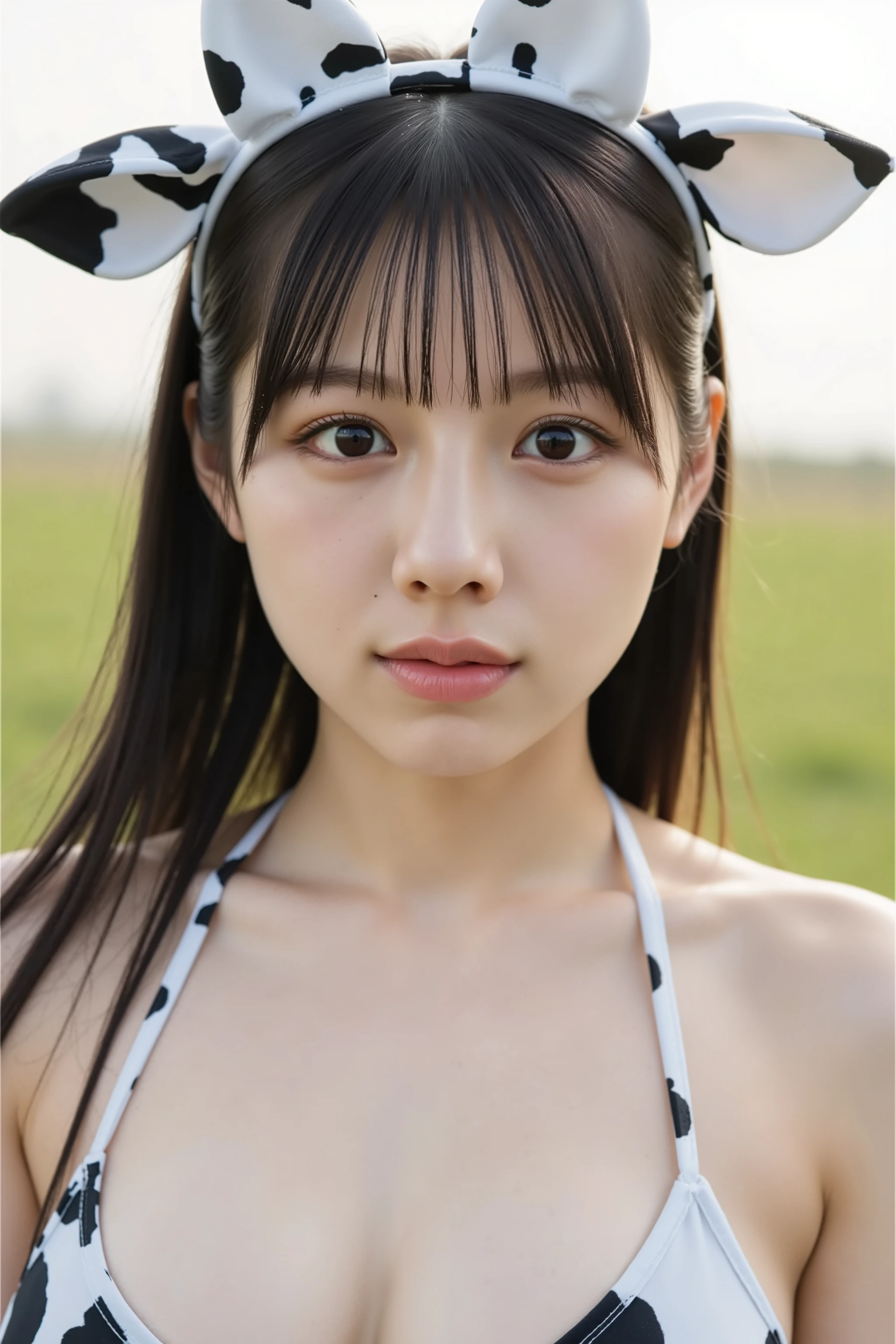 1_cosplay bikini_SsS+, white bikini and black and white, cow costume, Beautiful girl, one young girl, detailed face, realistic textured skin, perfect anatomy, perfect finger, very cute face, highly detailed eyes, highly detailed face, Fresh, very beautiful appearance, Ultra-realistic, High resolution, highest quality, RAW photo, realistic, professional photography, large breasts, smile, look at me, cinematic lighting, detailed face and skin texture, grassland, ((upper body:1.3, close-up))