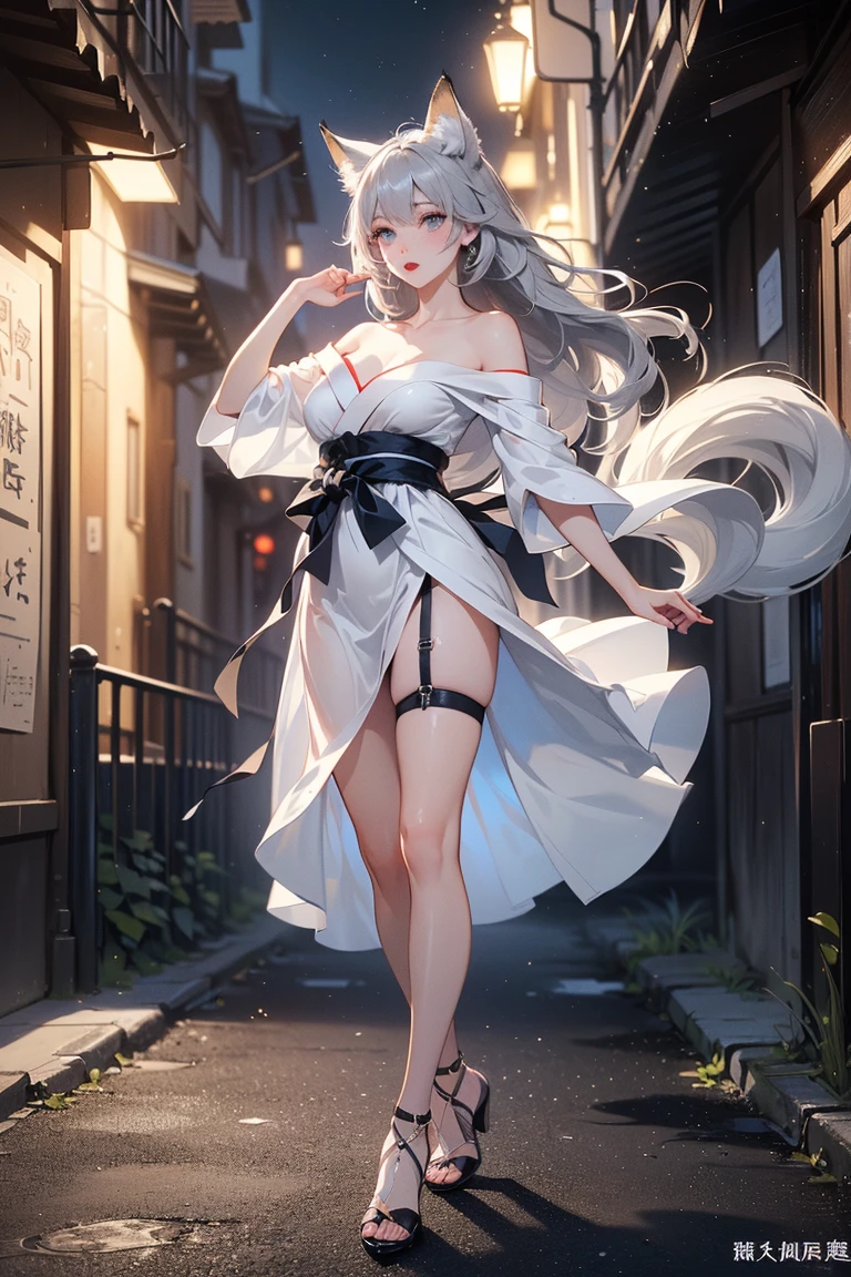 1girll, Full body like，White hair, long whitr hair，Messy hair，Translucent clothes，NSFW，White fox ears，White fox tail，比基尼，folds，folds，folds