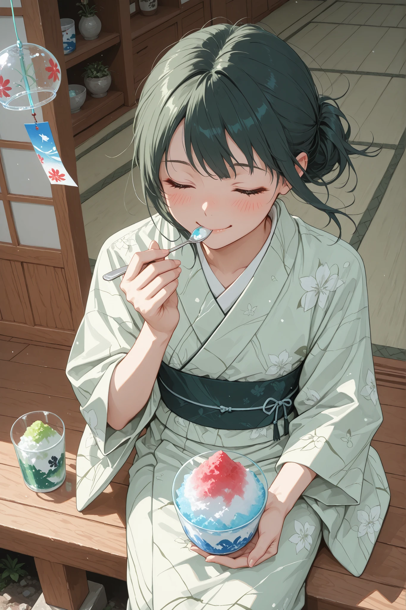 flat color, 1girl, slim body, Veranda of a Japanese house, clear glass bowl filled with shaved ice, Girl eating with a spoon, cute kimono, wind chime, Garden green , strong sunlight, Dramatic shot, from above, close eyes, smile, blush