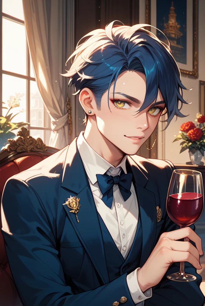 A young man in a suit,In the tavern,Holding a wine glass,A sad expression