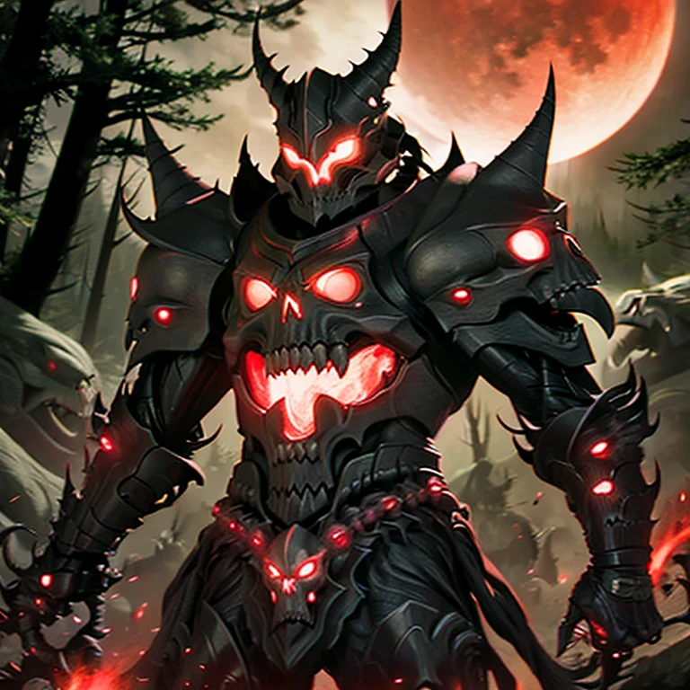 monster, black armor, skull armor, red glowing eyes, forest, night, red moon
