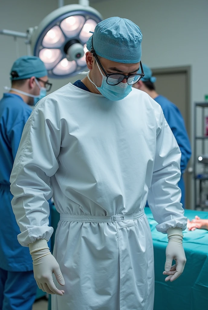 macabre doctor, with his back to the camera, operating room, sinister, macabre environment