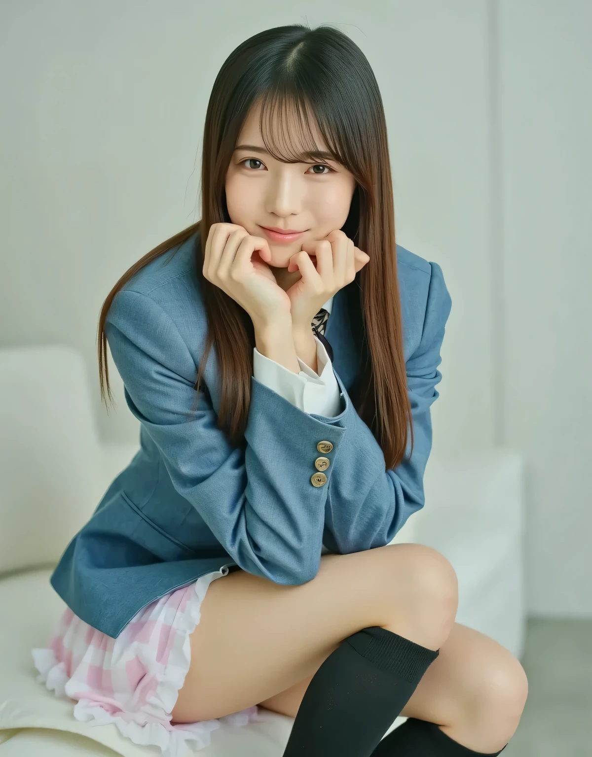 masterpiece, best quality, Genuine, ((very beautiful woman)), Age 30, brown hair , Medium-long hairstyle, Denim Miniskirt , peek out the panties from under the skirt, White and pink striped panties, Black Thigh High Socks, looking at camera, smile, Shooting from below,