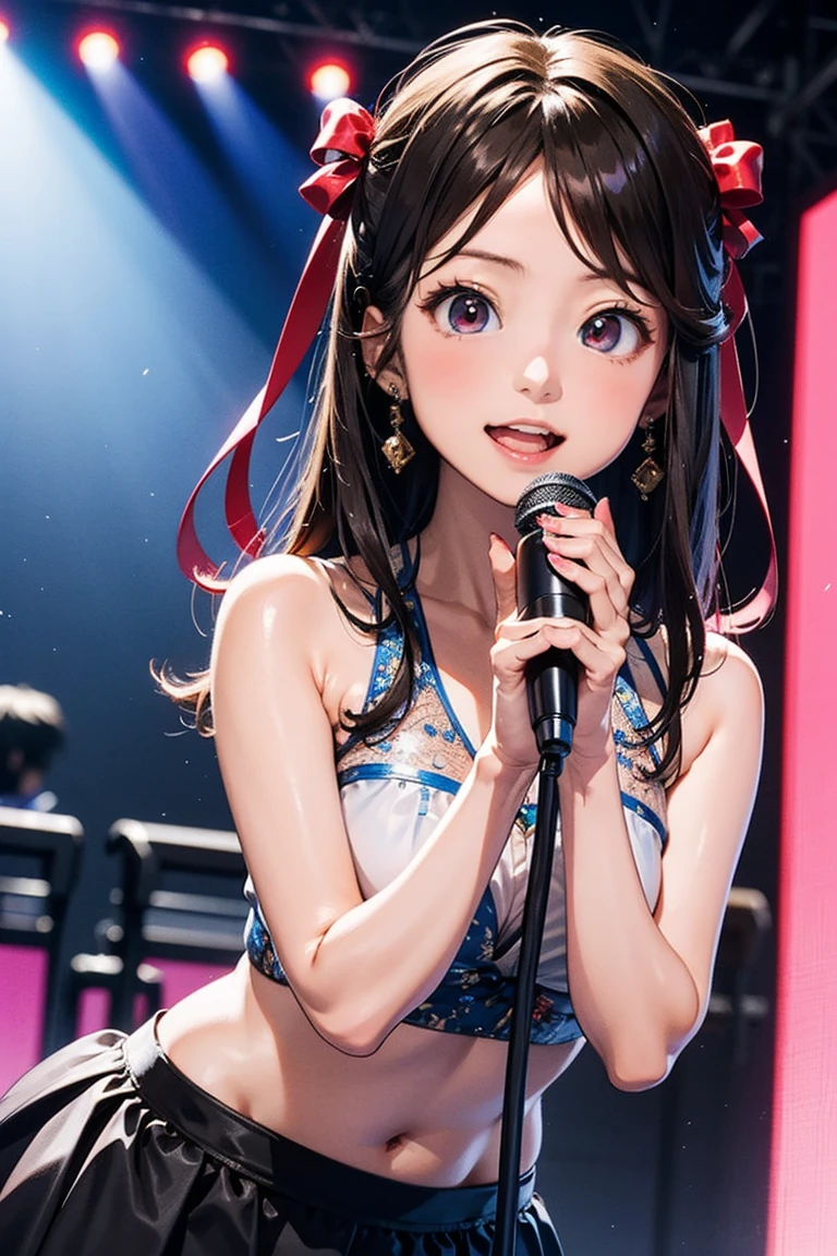 highest quality、High resolution、detailed background、beautiful and detailed face、beautiful and smooth skin、skin texture、professional lighting、Beautiful teenage girl、((three women))、cute hairstyle、cute bra、cute panties、Cute garter belt、pantyhose、Pull Panties、panty shot、Live Events、dancing、sing、laughter、smile、sexual expression、sexy、マイクを使ってsing