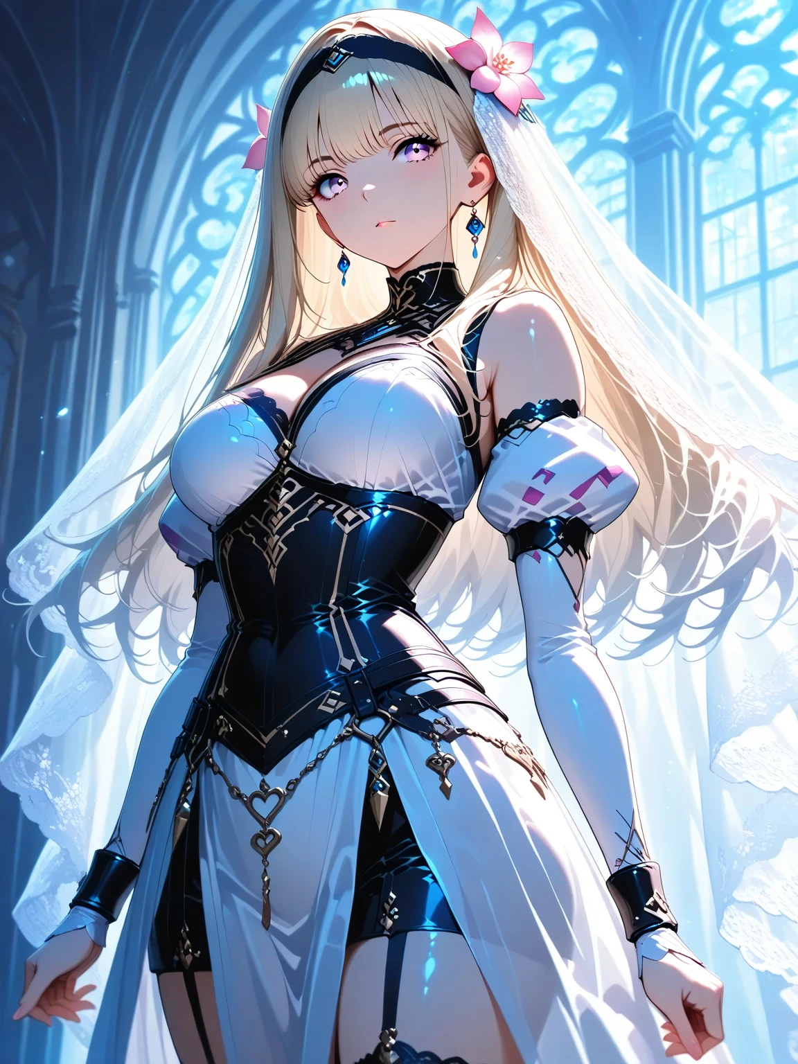 Highest quality, Super quality, 16K, Incredibly absurd, Very detailed, 2.5D, delicate and dynamic, palace, Stained glass, chandelier, Complex Light, , , , Small face, Extremely delicate facial expression, Delicate eye depiction, Extremely detailed hair, Upper body close-up, erotic, sole sexy Japanese lady, healthy shaped body, 22 years old lady, emperor,  huge firm bouncing busts, white silver long hair, sexy long legs, Glowing Skin, Soft Skin, Gorgeous gothic emperor costume, A complex costume, Costumes in complex colors, Standing sideways, looking at the camera 