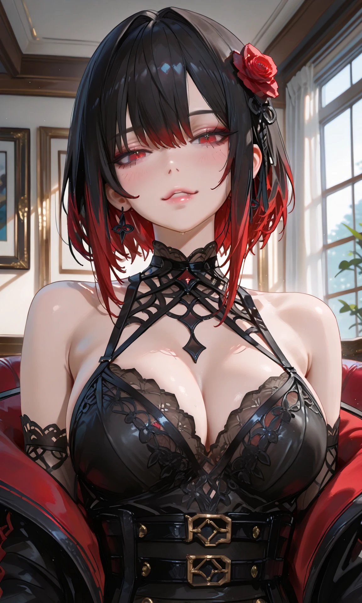 aki Nishikino、(club with bright lights)、(sitting on a red sofa), 40 year old mature woman wearing kinky underwear, (Panties are soaked with mucus), sit on a chair with your legs wide apart.、M-shaped legs、best quality, thighs、laugh, blouse,black bra、black panties, thighsと股間が蒸れてる 、big ass、太いthighs、Woman feels sexually aroused、(((club with lights))), reach orgasm, (Pink nipples slightly hidden), Big tits and ass, Lethargic expression after orgasm
