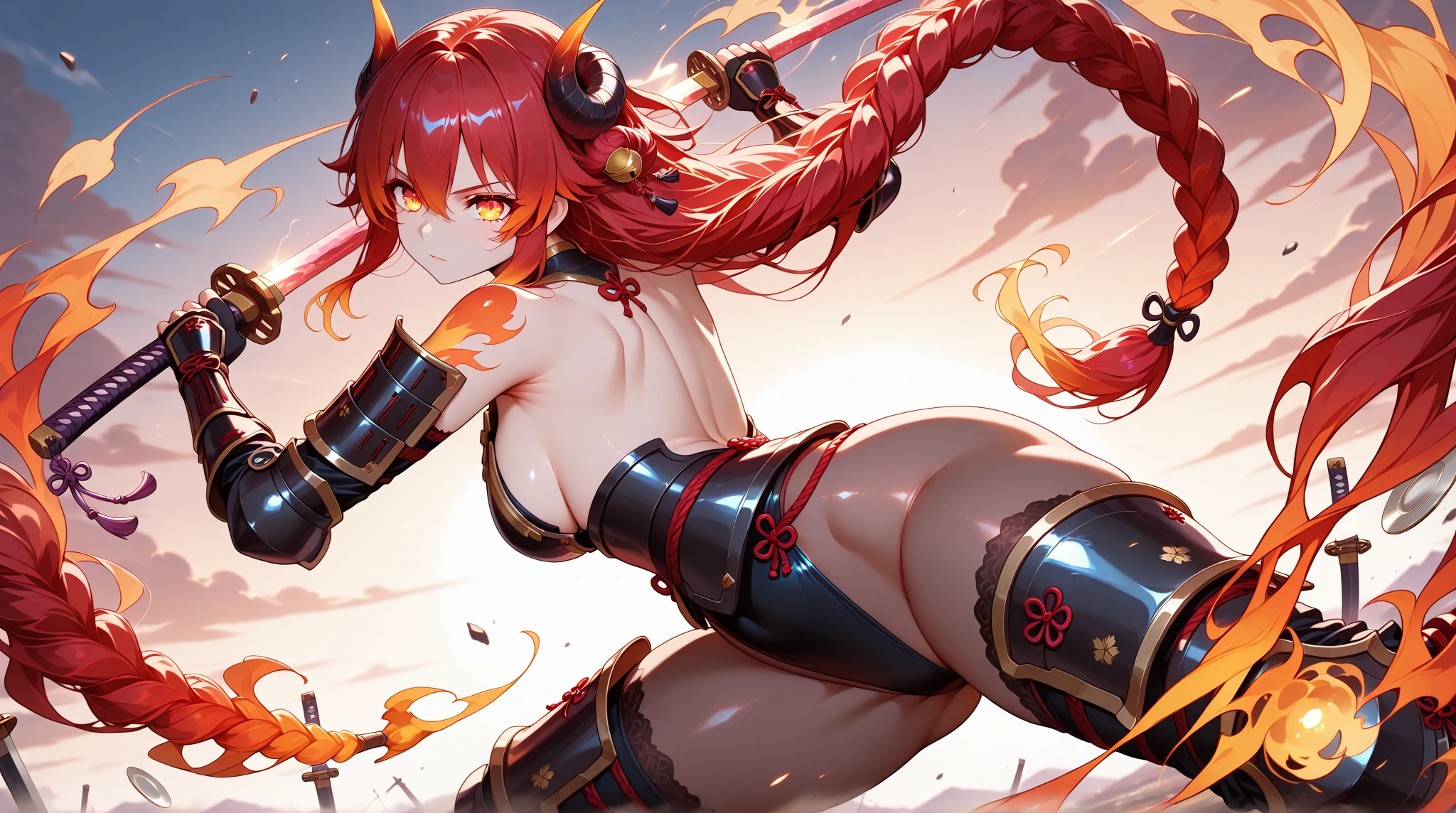 red cloak、Rear view、red eyes、naked、(((pubic hair)))、female organ、strong wind、storm、tattoo、Beautiful Girl Magician、Red-haired twin tails、((whole body))、(((photo taken from below)))、darkne magic circle