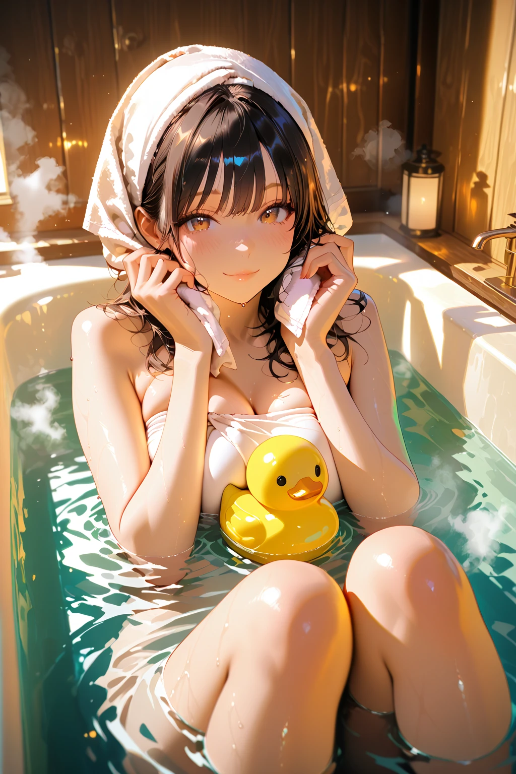 Anime girl with flowers and orange slices in bathtub, the goddess of summer, Flower God, Beautiful fantasy domineering charming anime woman，taking a shower，Flip the hair，daffodil，White body，Moon Night，Terrazzo，White translucent curtains，