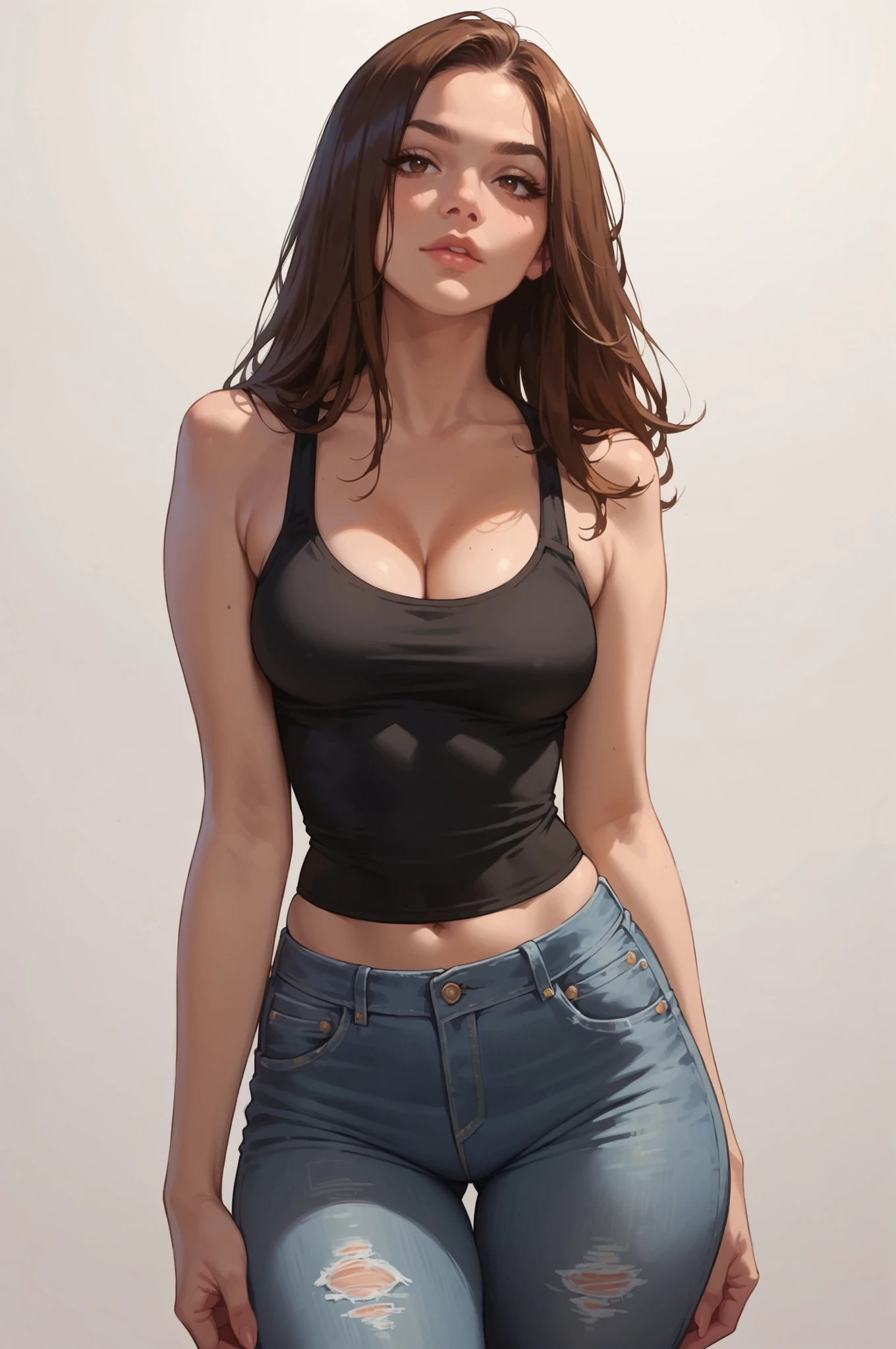 A stunningly beautiful woman, dressed in tight jeans that accentuate her feminine form and a tight blouse which accentuates her feminine form, brunette, pink background, perfect sharp face, suntanned, stunningly rapturously gorgeous, immensely attractive, extremely appealing, obviously flirty and playful, digital painting,  digital illustration,  extreme detail,  digital art,  4k, hyperrealism, trending on artstation, polished, beautiful, radiant, synesthesia, vibrant, photorealistic, 8k ultra hd, unreal engine 5