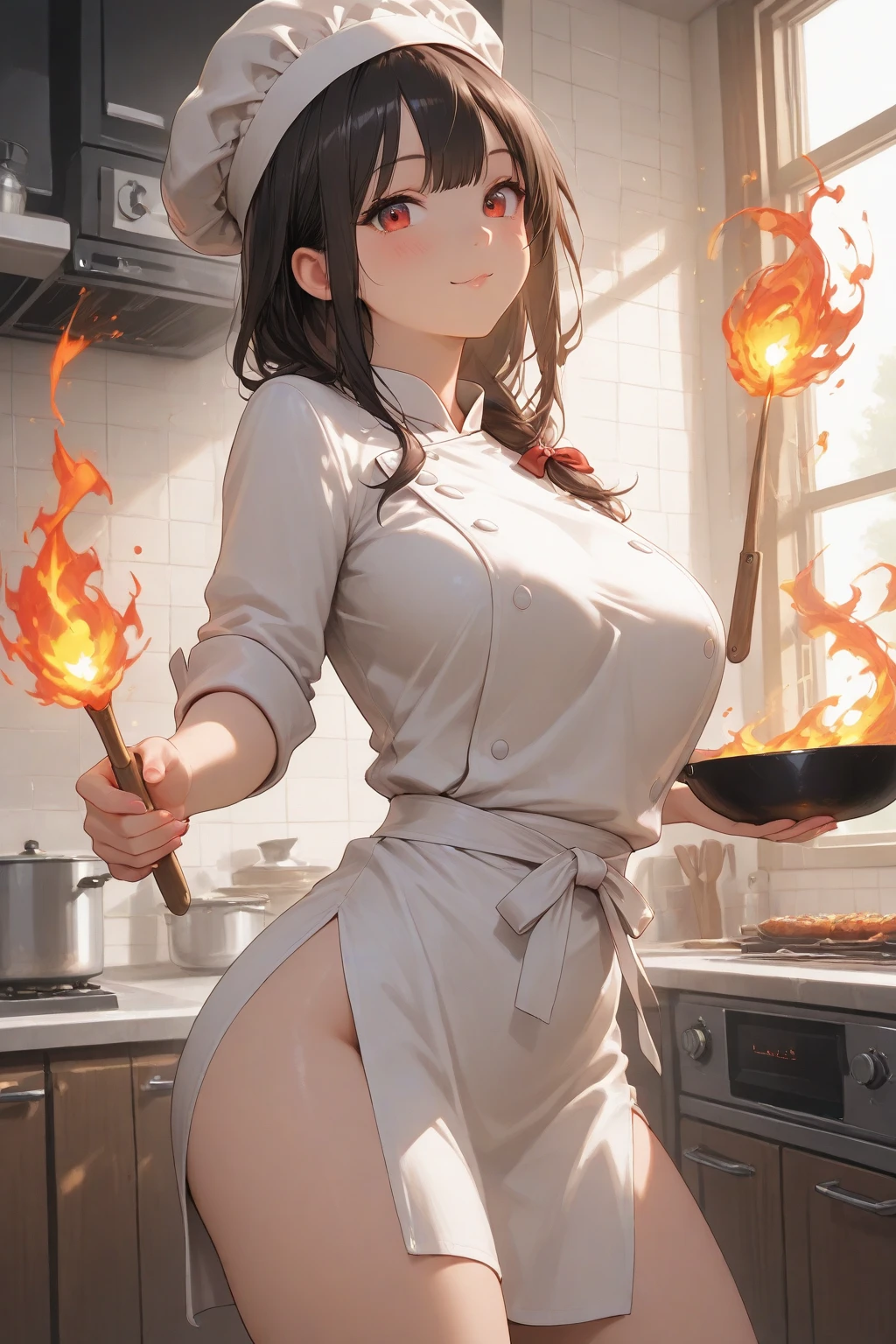 Over the top chili sauce ad, a female ninja is holding her bottom and desperately seeking a bathroom. He bottom is on fire. Chili pepper spiced foods are in each corner, show her from behinf