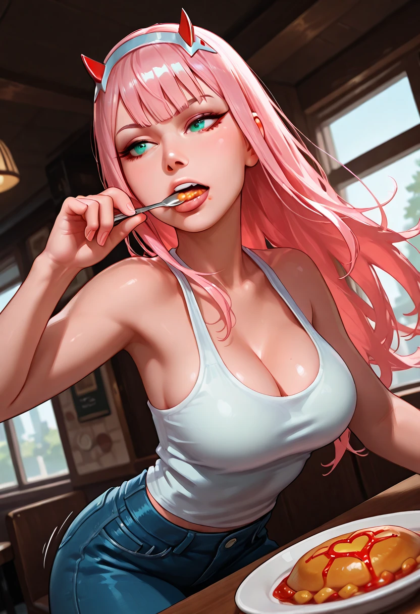 ((1 girls), solo, clevage, Big round breasts, trendy, stylish, clevage, thighs, hips, realistic, pink hair, blonde hair, light green eyes, lip gloss, detailed face, amazing big eyes, eye details, big lips, eyebrow details, blush, smirk, naughty, mischevious face, HD, good quality, thick thighs, attractive, kitchen, breakfast