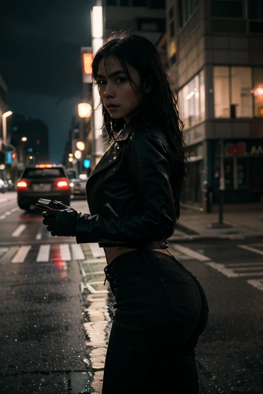 It's a busy city , night, raining, there is black McLaren car in the sidewalk, A young Persian girl with a beautiful ass and tied hair is standing in the middle of the street and looking up to the sky and has a jacket and a phone , camera far away, full body ,no pants