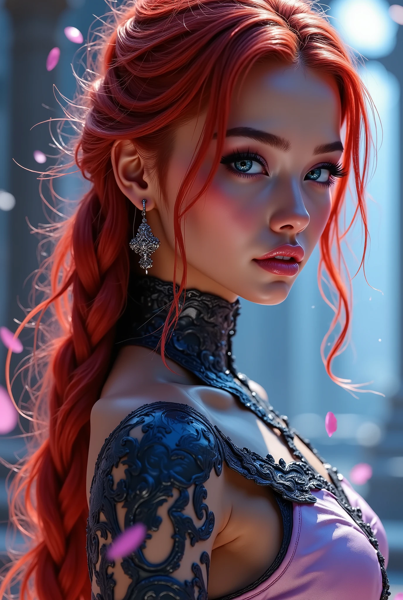  [Style: "masterpiece, realistic, (photorealistic Realism), ultra-detailed, UHD, Hyper high resolution" - "(Hyper quality, intricate ultra-detailed digital art)"] (Key Directive: - ("The priority is the anatomical accuracy and texture of the materials" - "Ultra-sharp human eyes with biological accuracy") { "Eyes: (acid-resistant terminology) (macro-details:1.3) * Moist corneal surface (visible aqueous layer:1.13) * Hyper-detailed iris stroma ((brown with (golden flecks)) * Precise limbal ring (slightly darker pigmentation:1.1) * Pupil micro-texture (irregular edge authenticity:0.9) * Vasculature in sclera (subtle red veins radiating from limbus)" - "Lashes: blue individual synthetic fibers (crosshatched roots:1.2, clump-free separation)" | Hair: "red braid with split-end realism (neon light diffraction patterns)" | Pose: "combat-ready stance (biomechanically plausible spinal twist)" Technical Specs: "Shutter Speed:1/500 (freeze eye micro-movements)" - "Focus Stacking:7-point coverage on iris plane") (Post-Processing: - "Frequency separation for skin vs eye details" - "Selective sharpening: eyes150%, hair80%" - "Denoise: luminance20, color35 (retain corneal speculars)") (Avoid: "pupil distortion, uncanny valley asymmetry, plastic-like wetness") a fairytale-like picture , beautiful princess님, full body photo, A well-drawn fairy tale, beautiful princess, , a fairytale-like picture , Detailed description, A well-drawn fairy tale, Vivid expression , Detailed facial features, Luxurious Outfit,  graceful posture, Fantastic Backgrounds, magical atmosphere, Sophisticated contrast treatment, Detailed texture expression, Precision drawn with expert craftsmanship, Vibrant colors, HDR effect, Professional lighting, Studio quality, Detailed texture expression,(Rendering engine: "Unreal Engine 5 path tracing, 16K texture maps") }