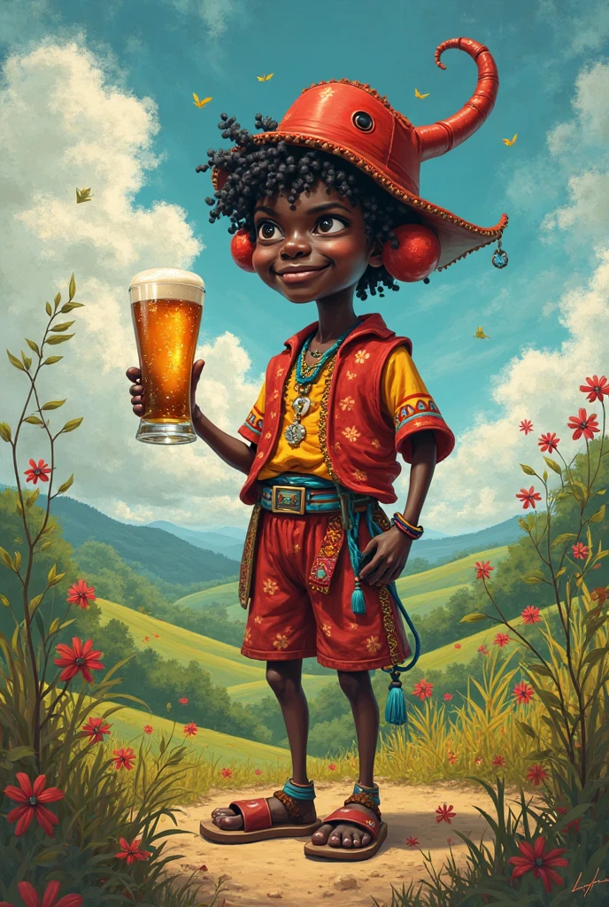 Create an image of Saci-Pererê, that doesn&#39;t have a leg, Drinking beer